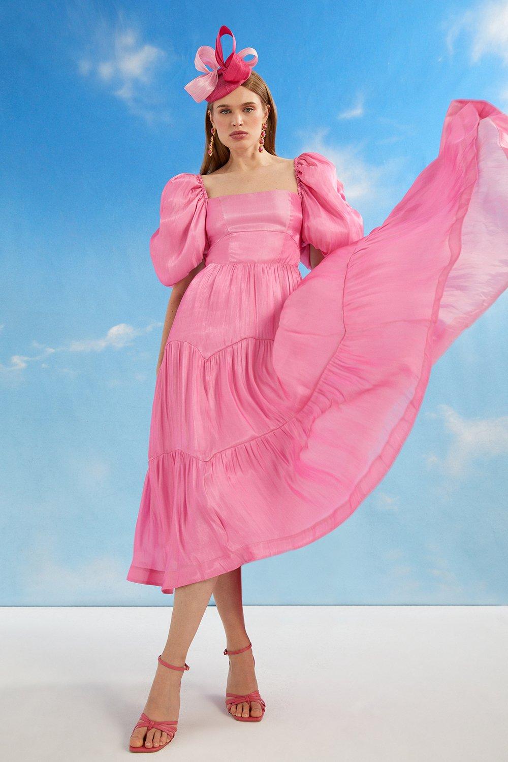 Lisa Tan Glossy Organza Tiered Midi Dress - Pink