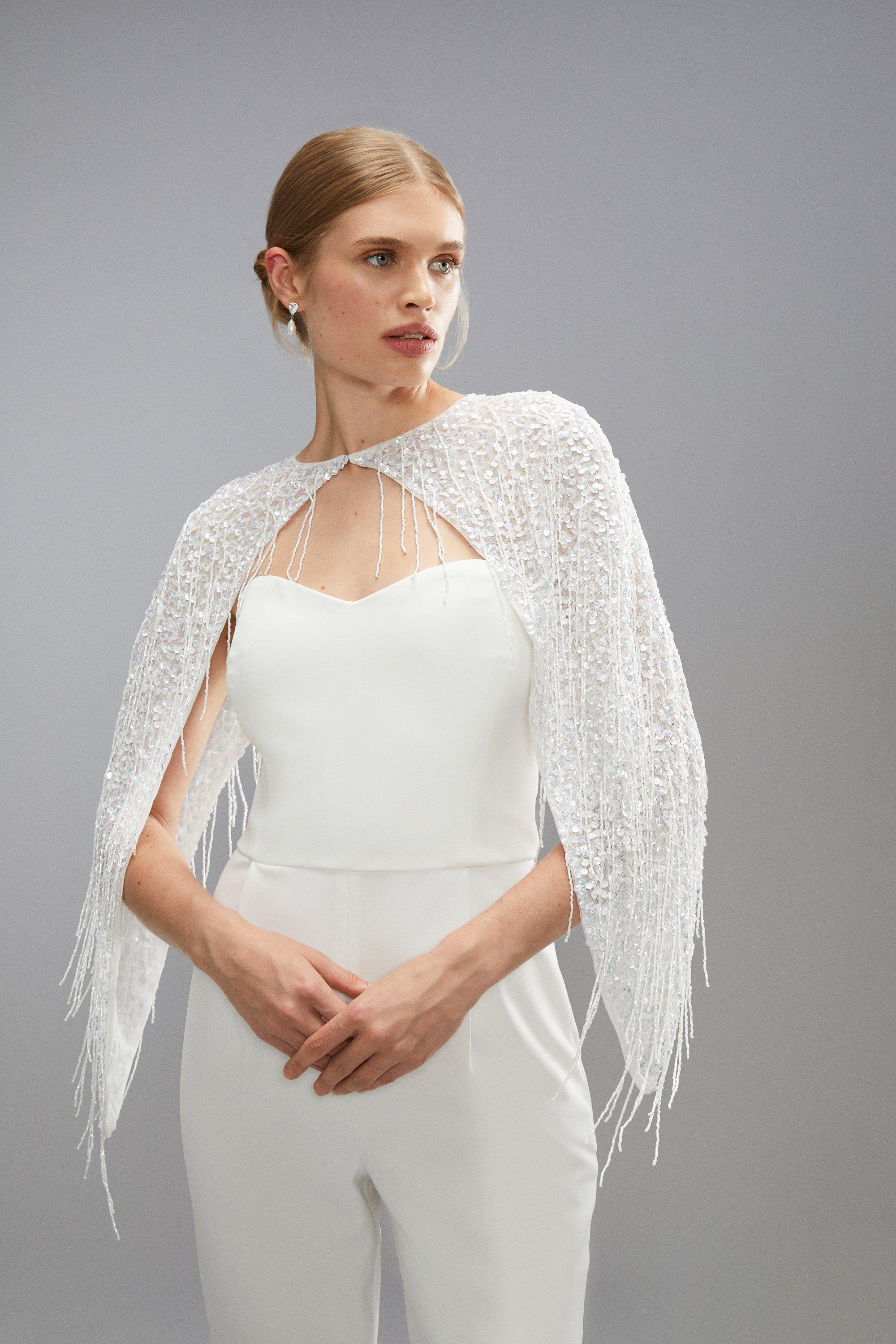 Sequin And Bead Embellished Bridal Cape - Ivory