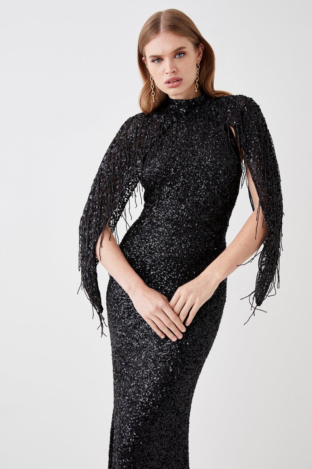 Sequin And Bead Embellished Cape - Black