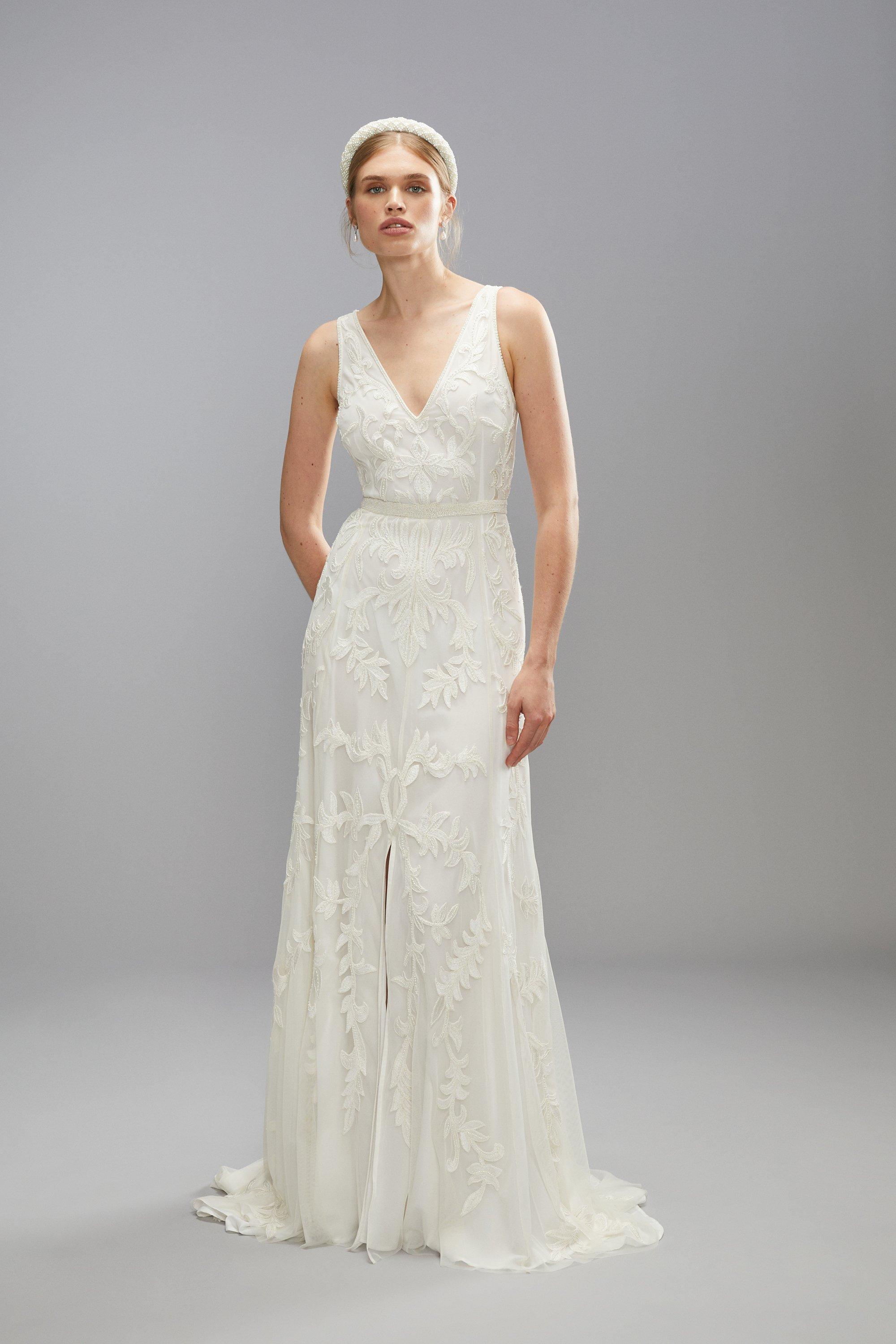 Premium Corded Embroidery Bridal Maxi Dress With Belt - Ecru