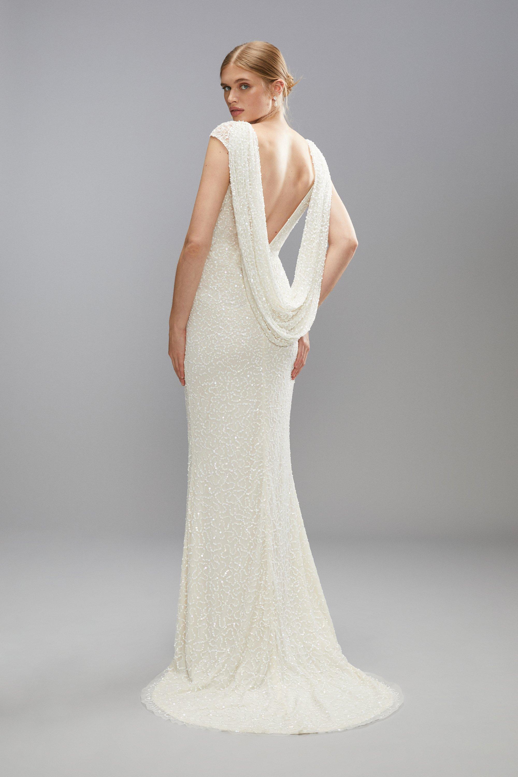 Dresses Draped Cowl Back Sequin Bridal Maxi Dress Coast