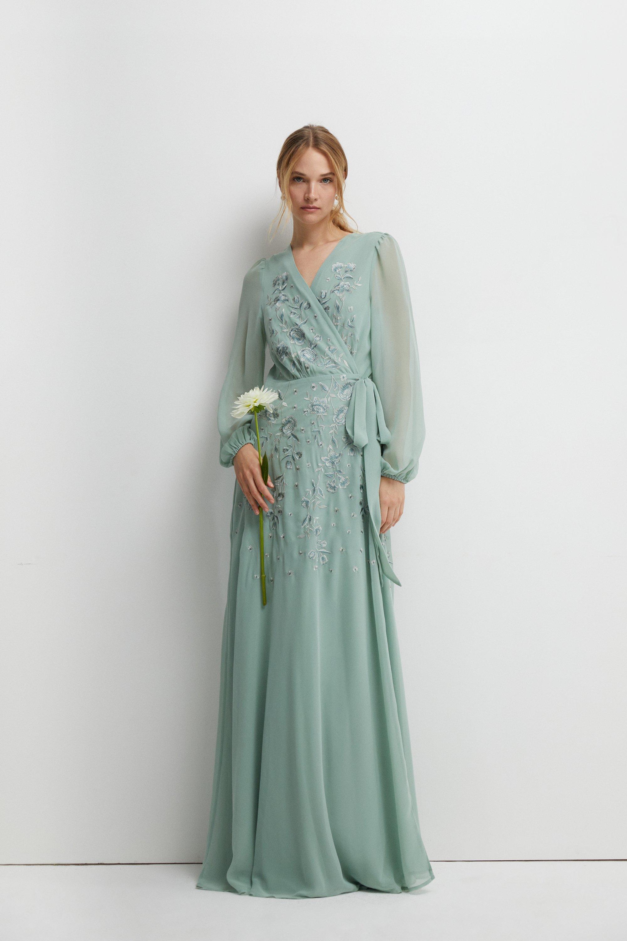 Long Sleeve Embroidered Wrap Bridesmaids Dress - Sage