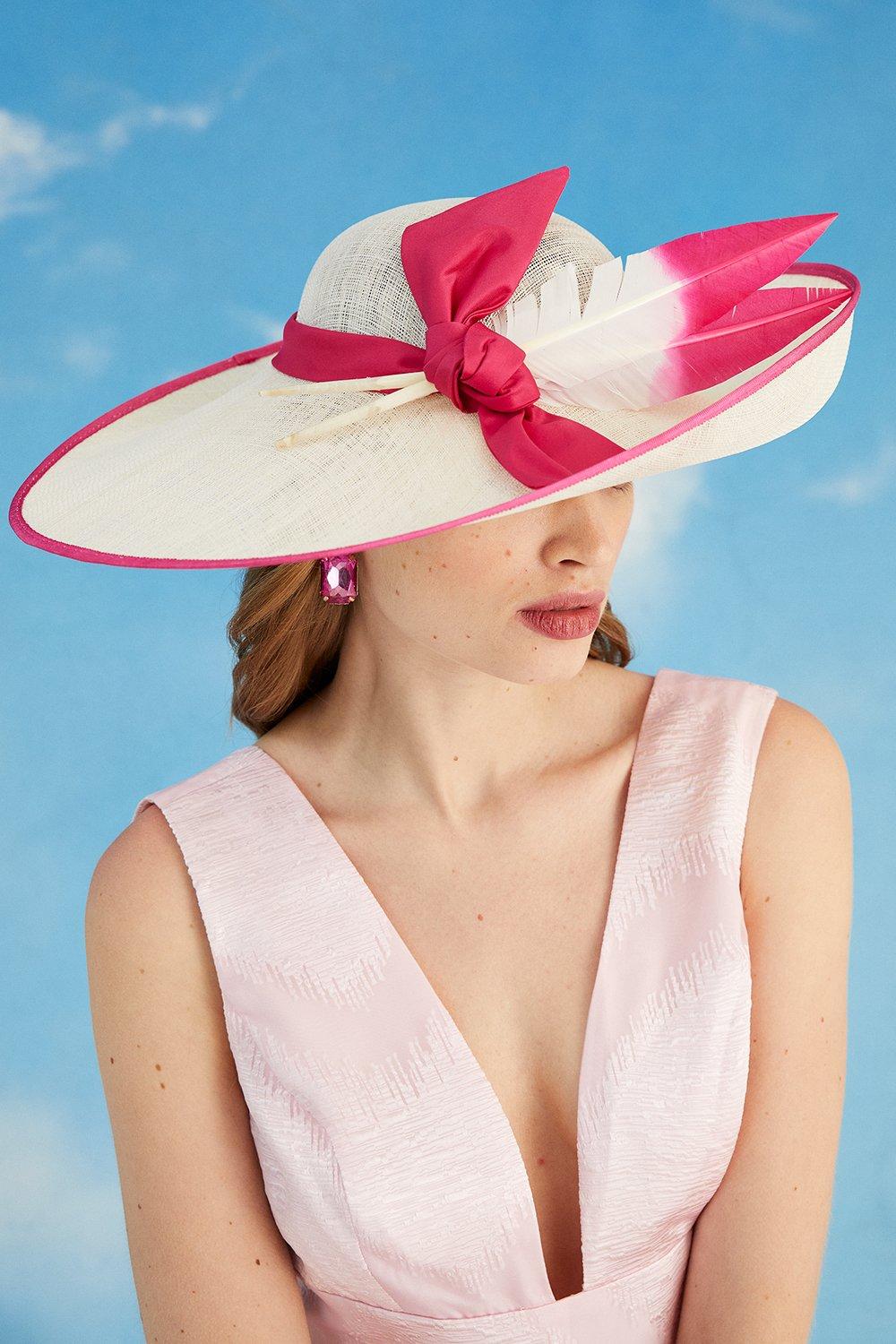 Lisa Tan Ombre Feather And Bow Detail Wide Brim Hat - Pink