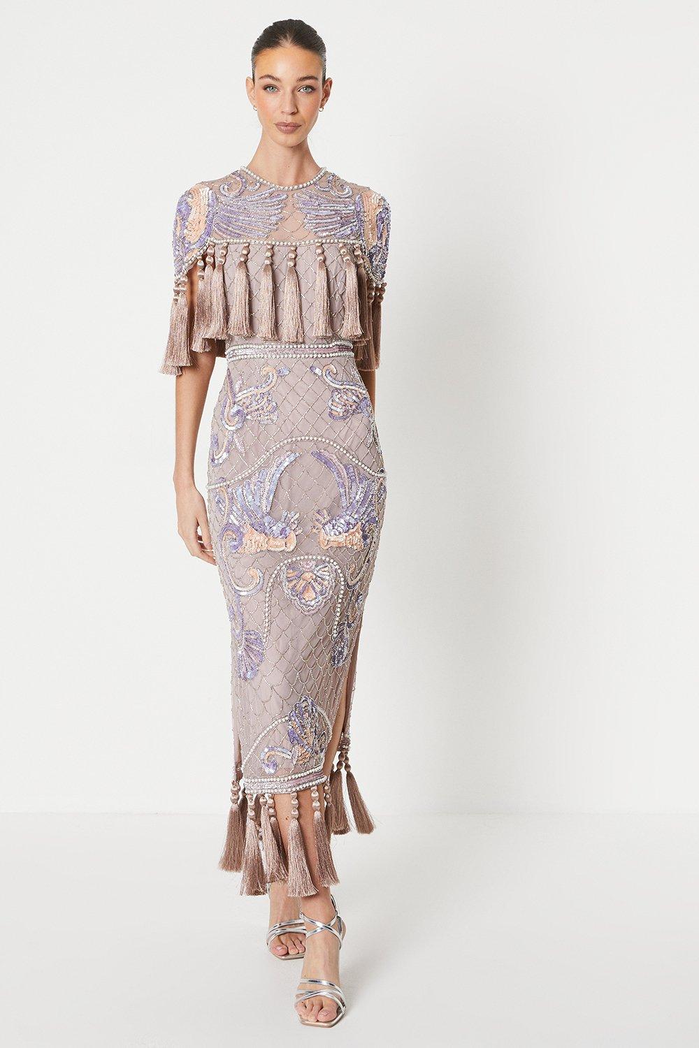 The Collector Hand Embellished Midi Dress With Tassles - Mink