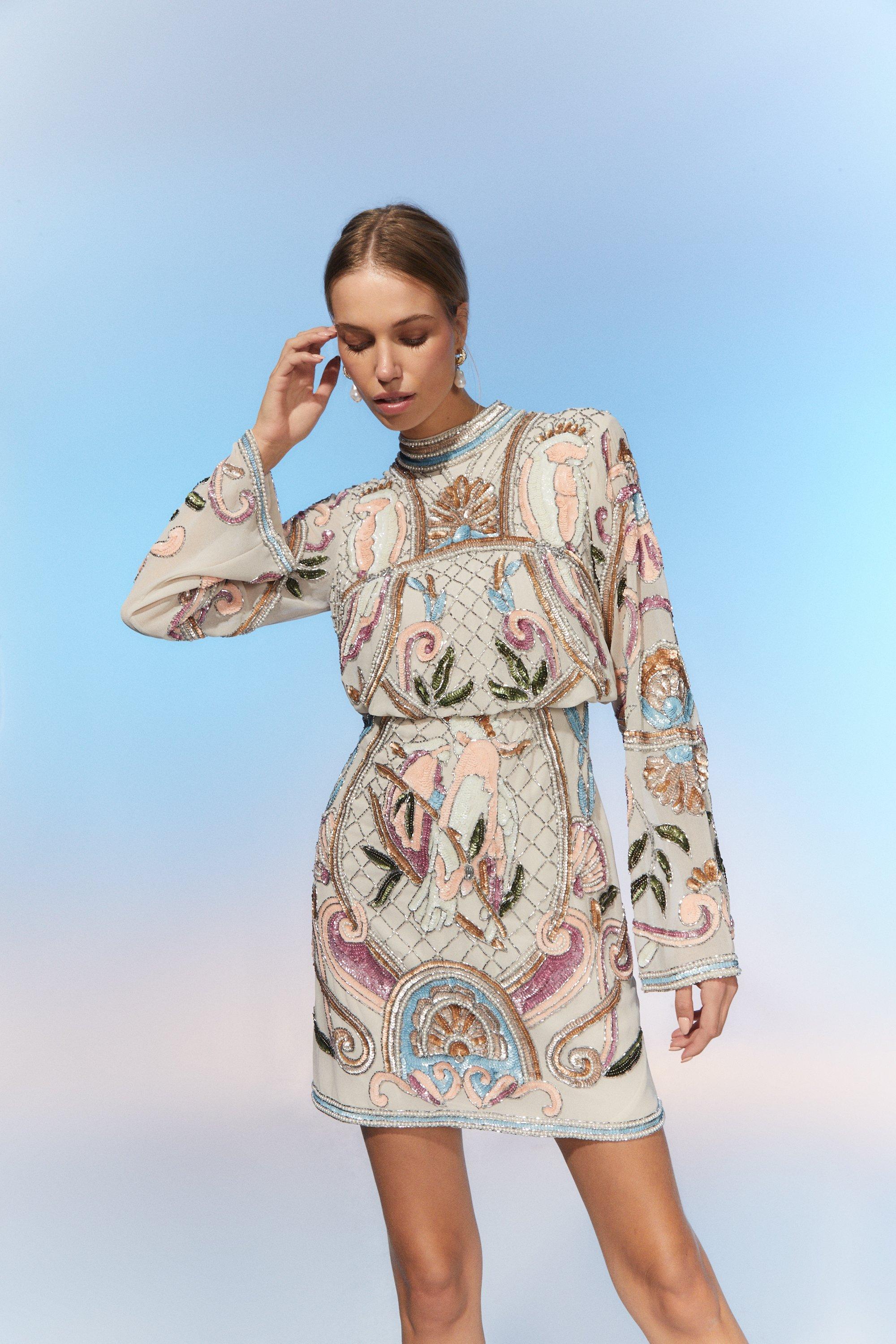 The Collector Hand Embellished Mini Dress With Long Sleeve - Cream