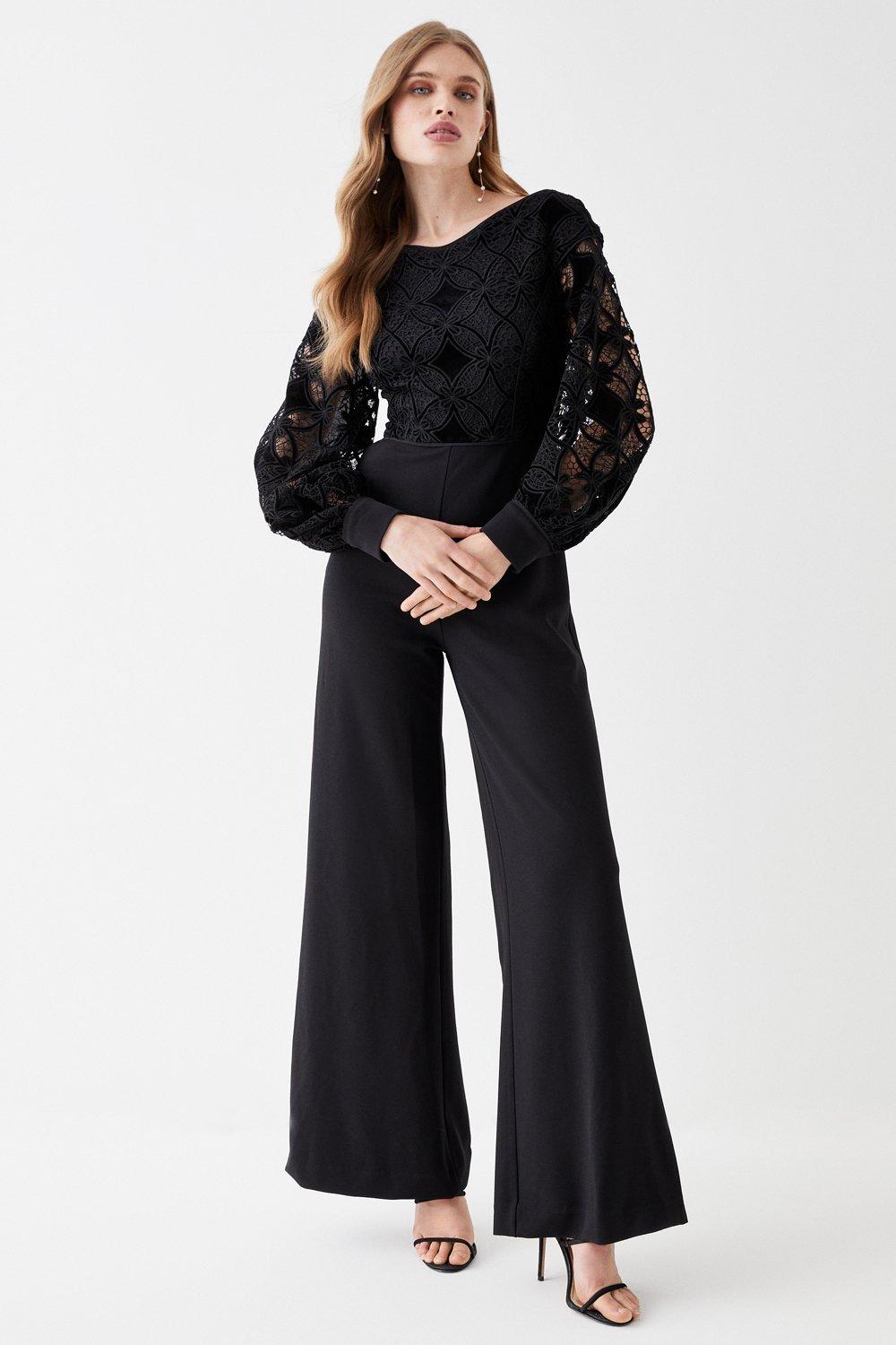 Premium Crepe Lace Jumpsuit - Black