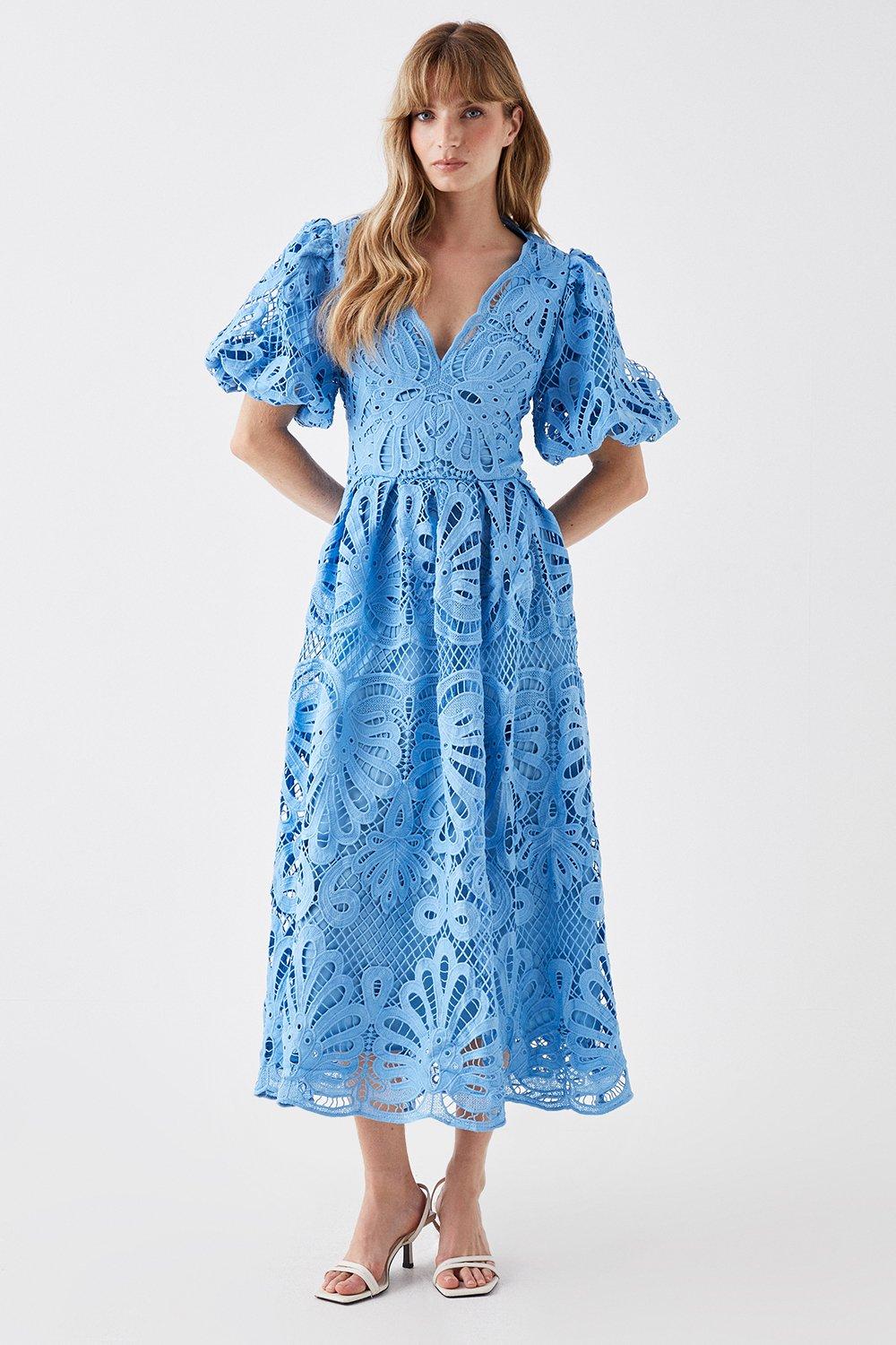 Puff Sleeve Midi Lace Dress - Blue