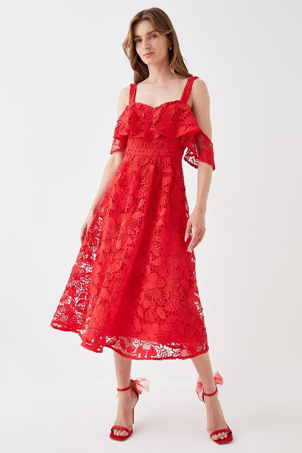 Bardot Frill Top Lace Midi Dress - Red