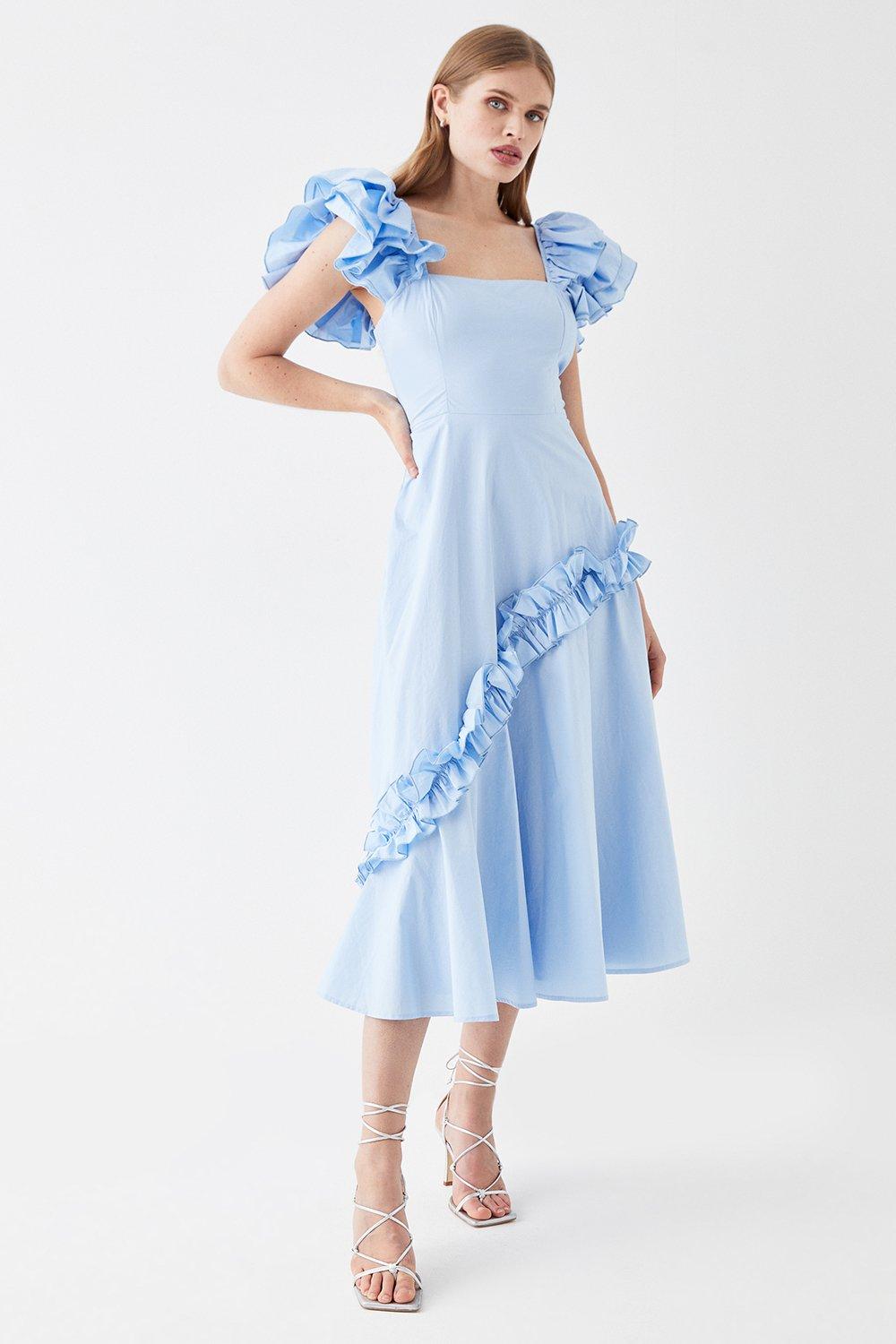 Frill Sleeve Ruffle Skirt Cotton Midi Dress - Blue