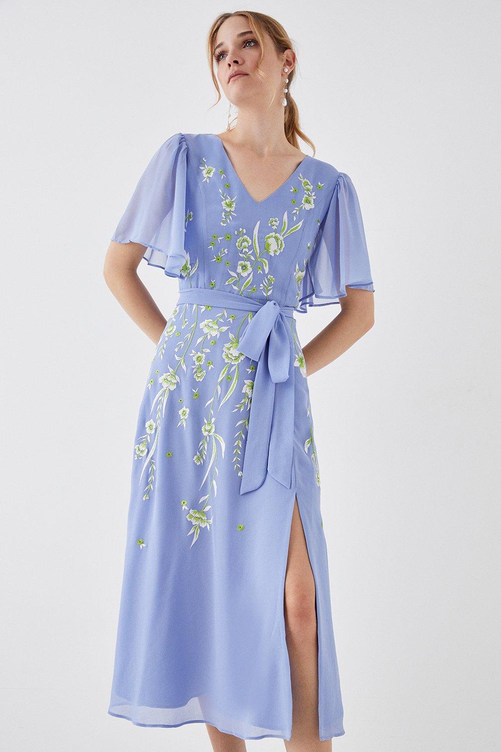 Floral Embroidered Flute Sleeve Midi Dress - Blue