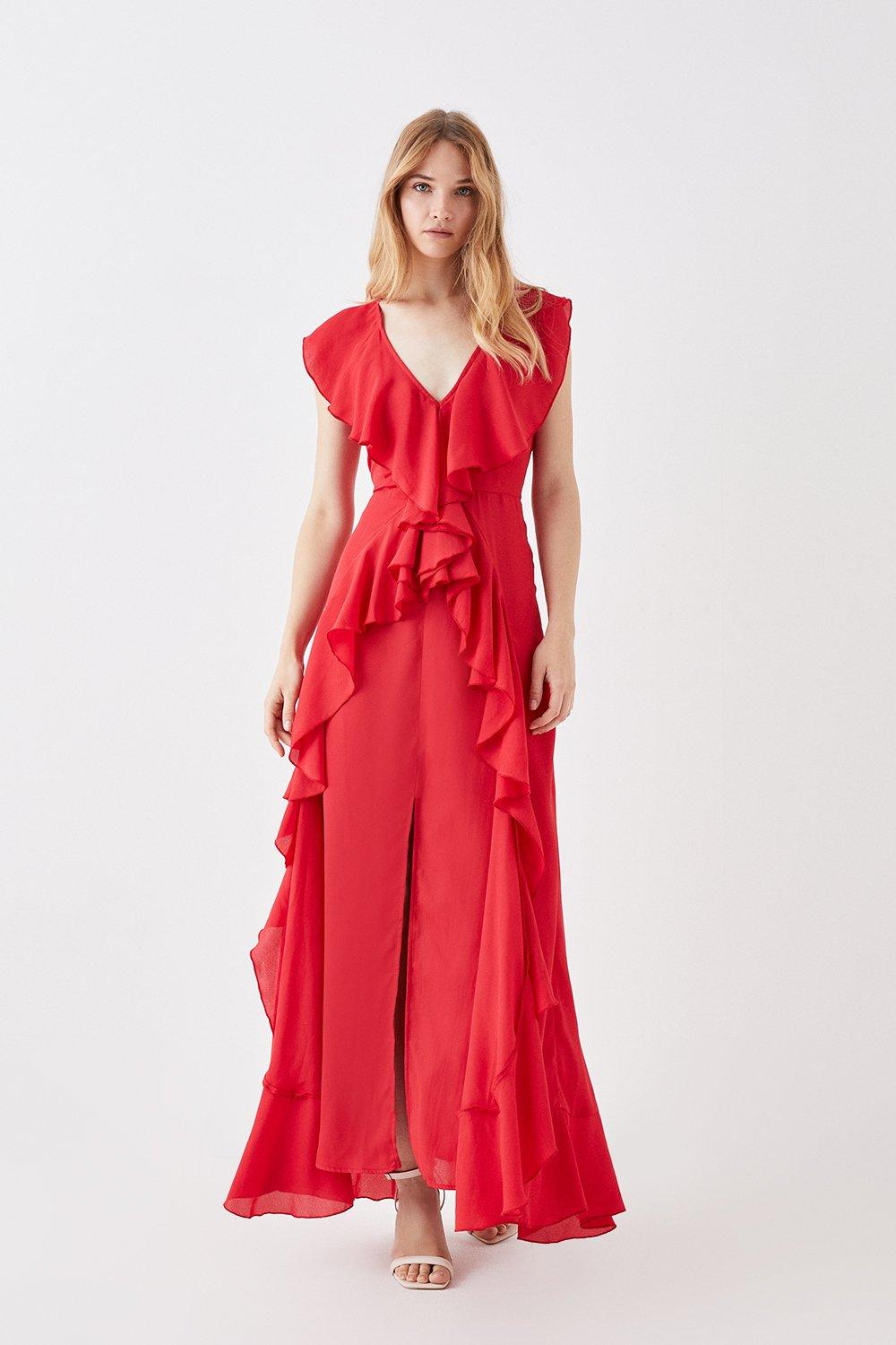 Sophie Habboo Ruffle Front Maxi Dress - Red