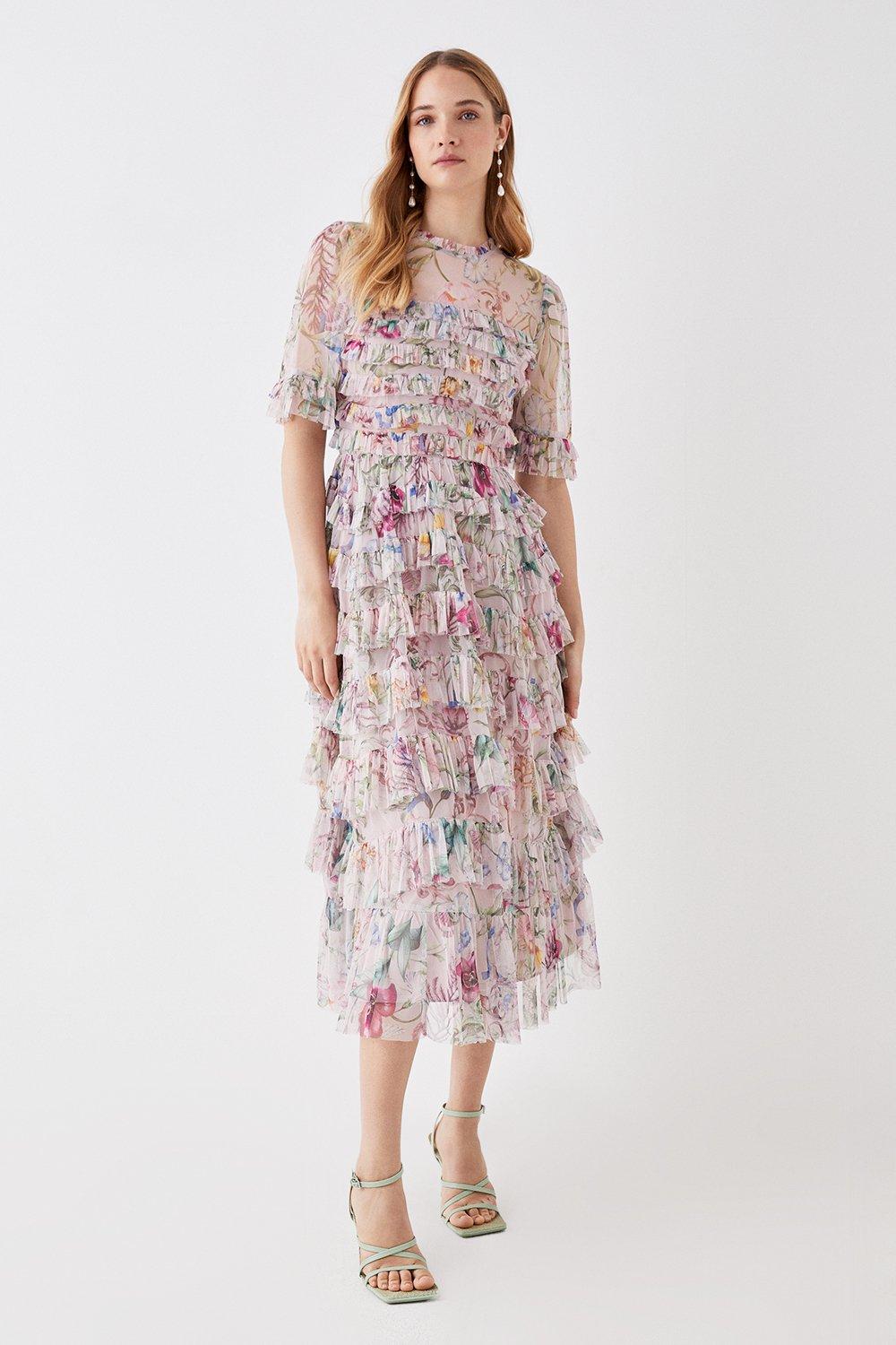 The Collector Printed Tiered Skirt Tulle Midi Dress - Pink