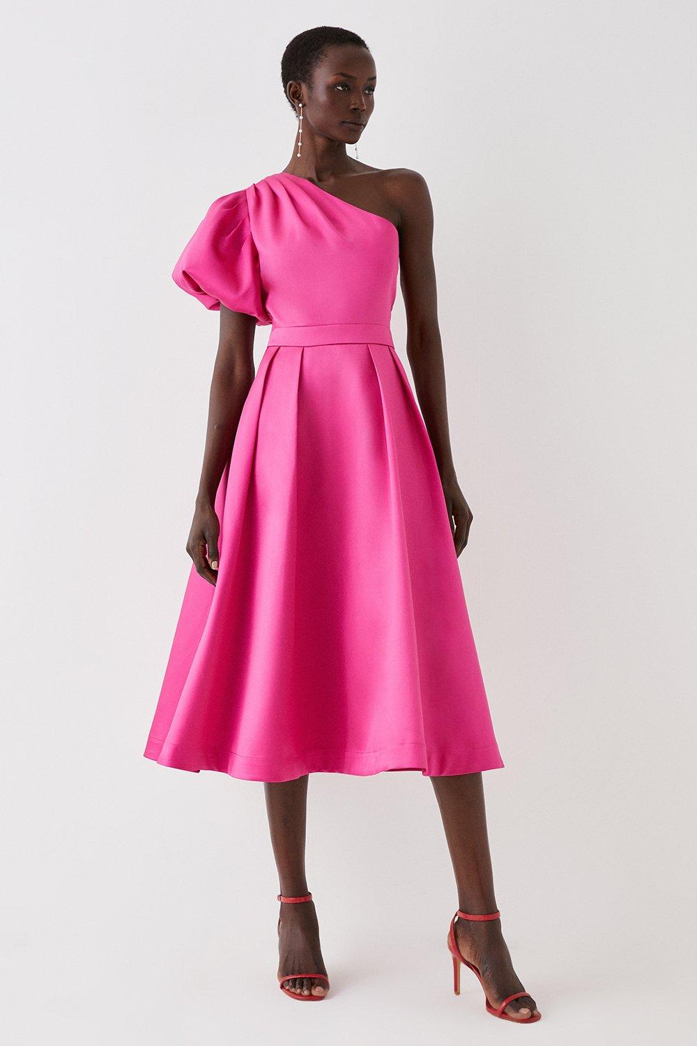 One Shoulder Puff Sleeve Twill Midi Dress - Pink
