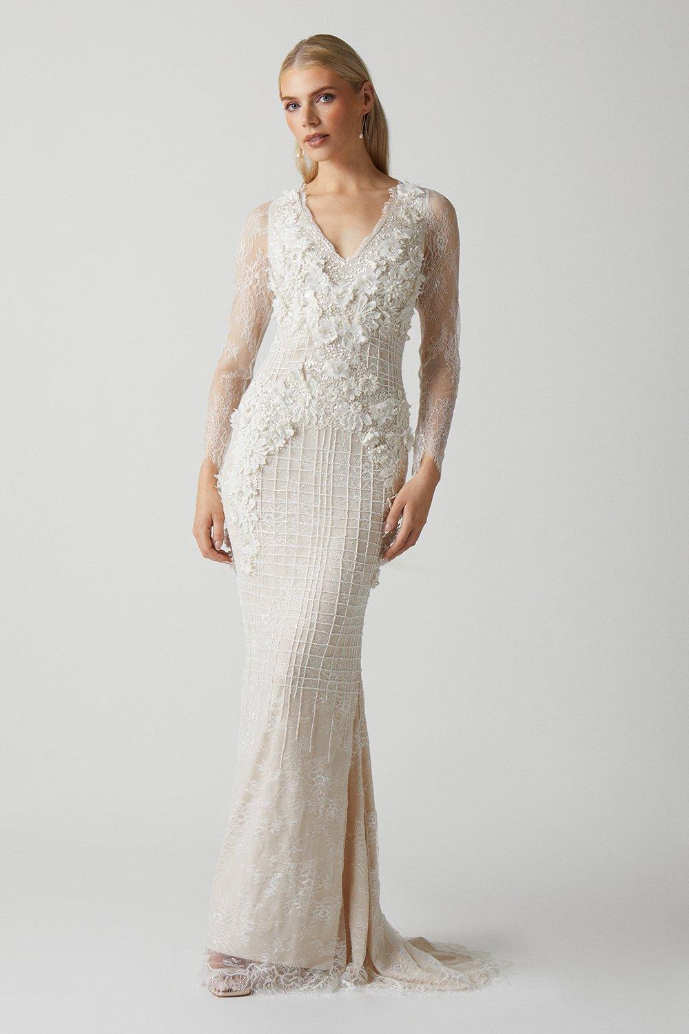 3d Floral Embellished Lace Wedding Dress - Ivory