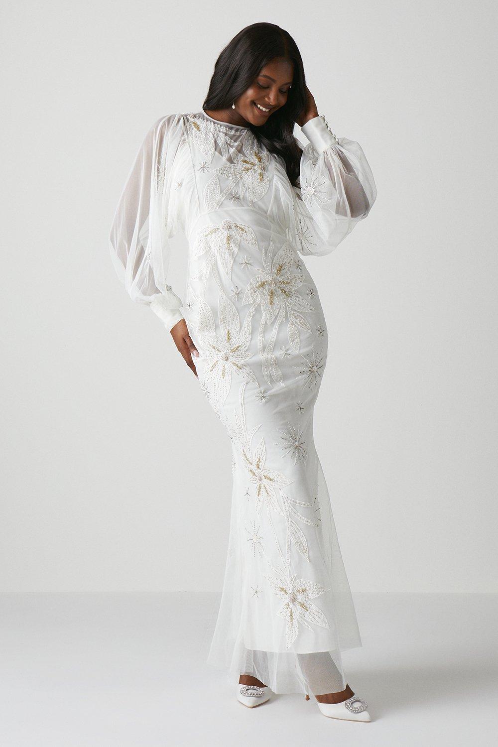 Applique Drop Sleeve Mesh Wedding Dress - Ivory