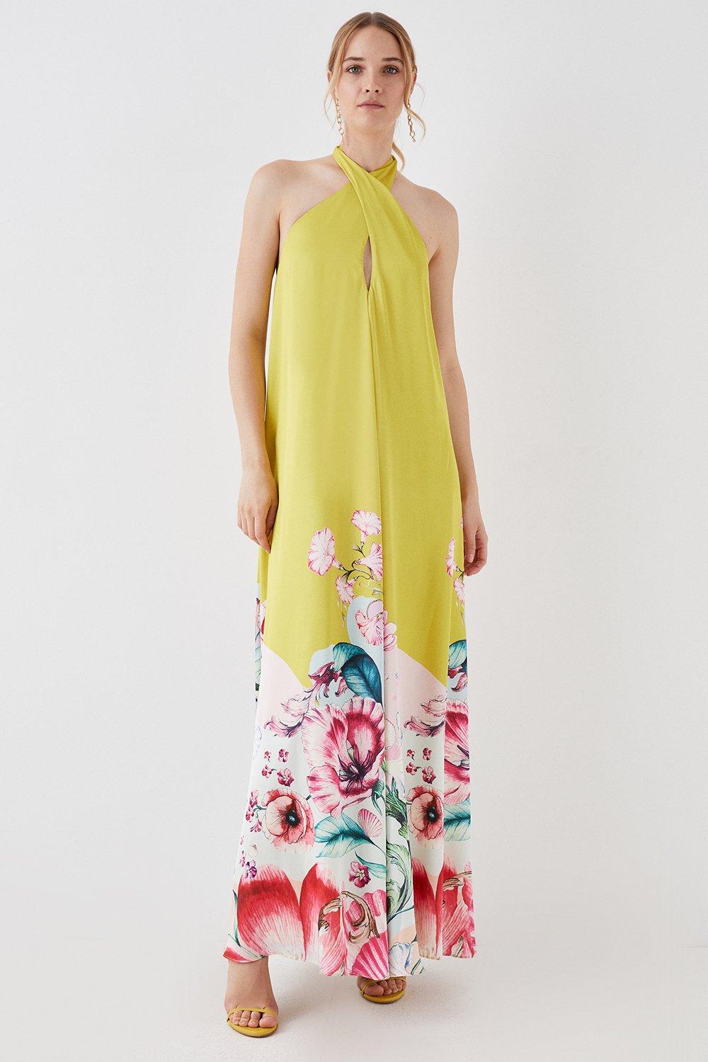 The Collector Twist Front Satin Halter Maxi Dress - Yellow