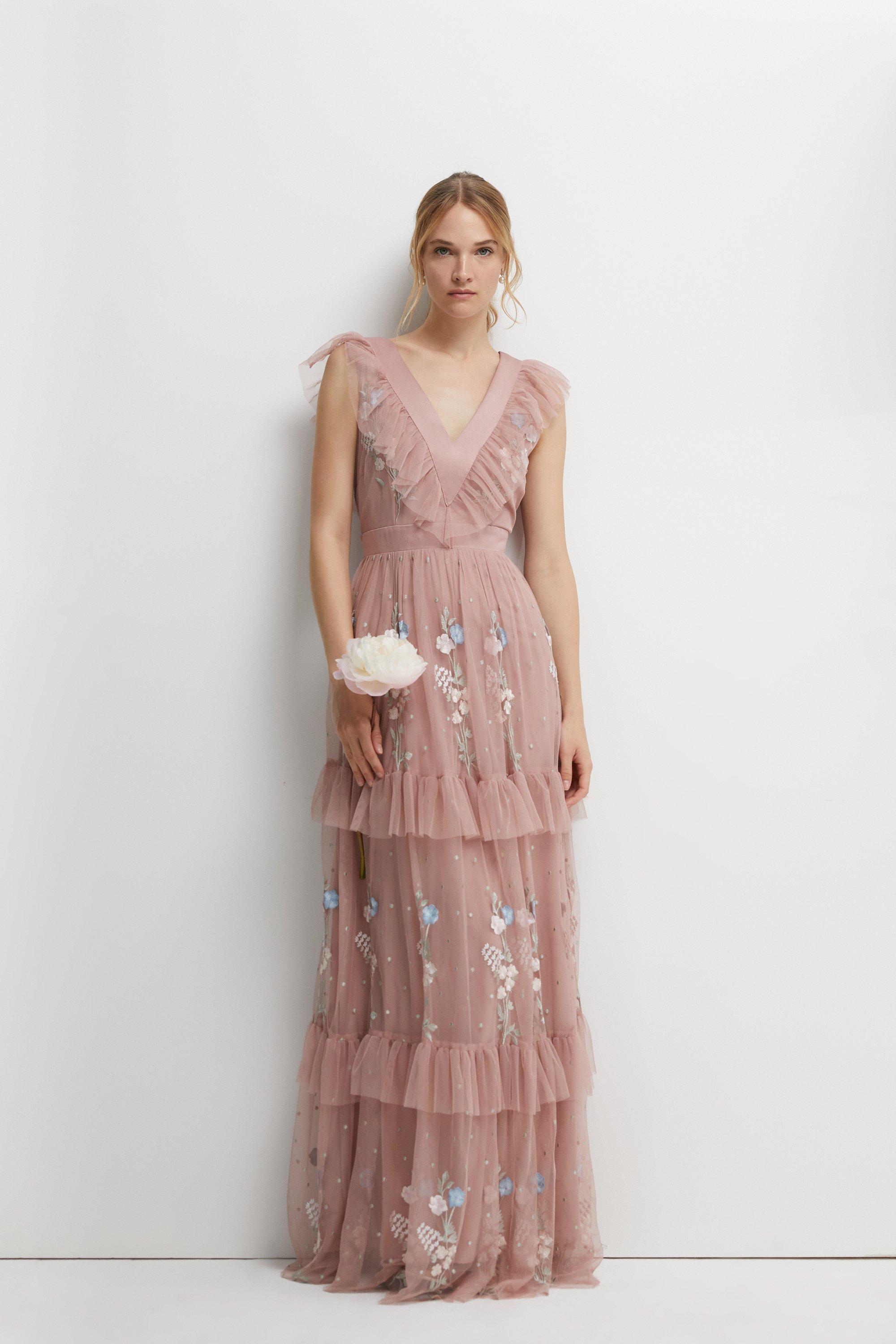 Meadow Floral Embroidered Maxi Bridesmaids Dress - Pink