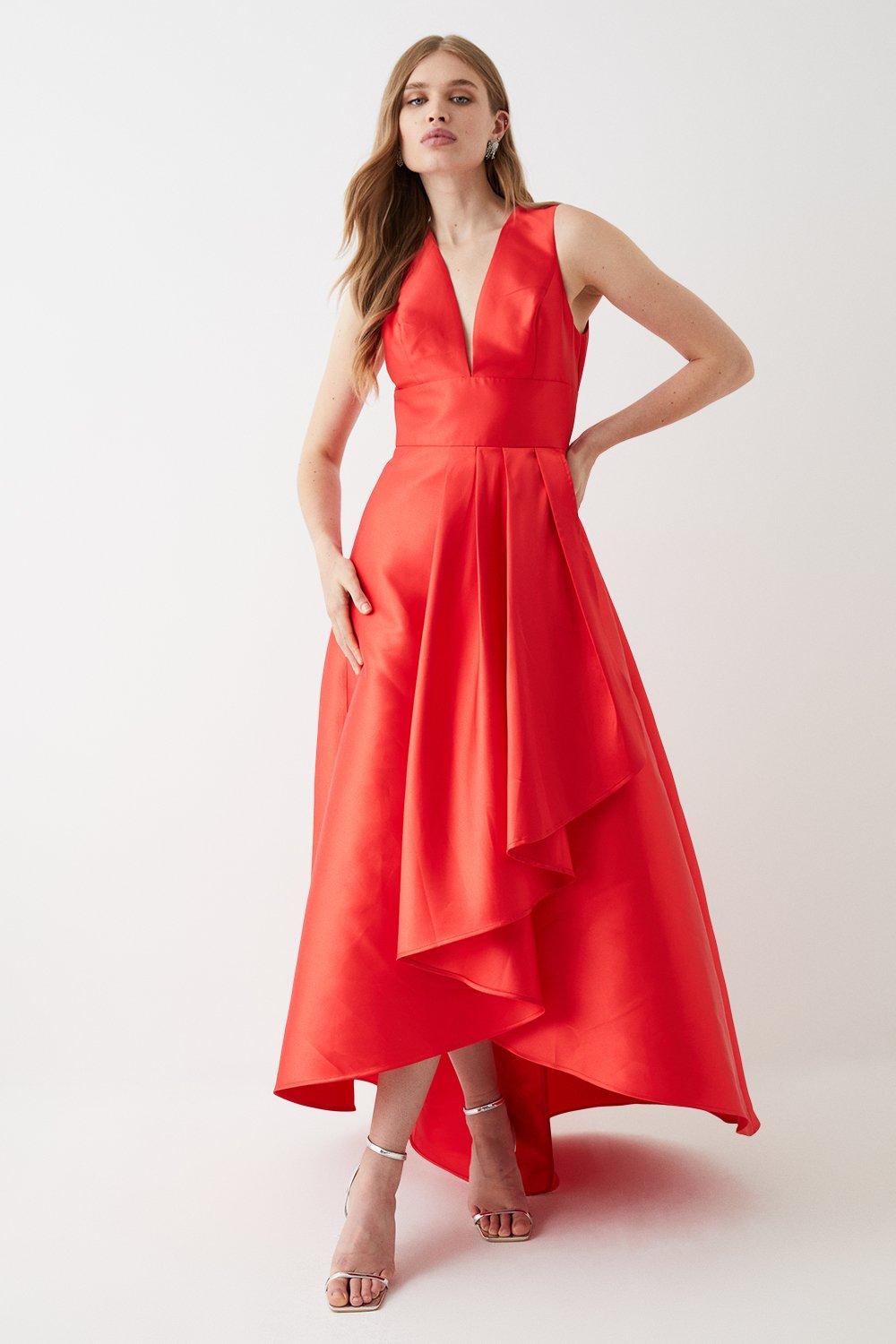 Plunge Neck Waterfall Gown - Red