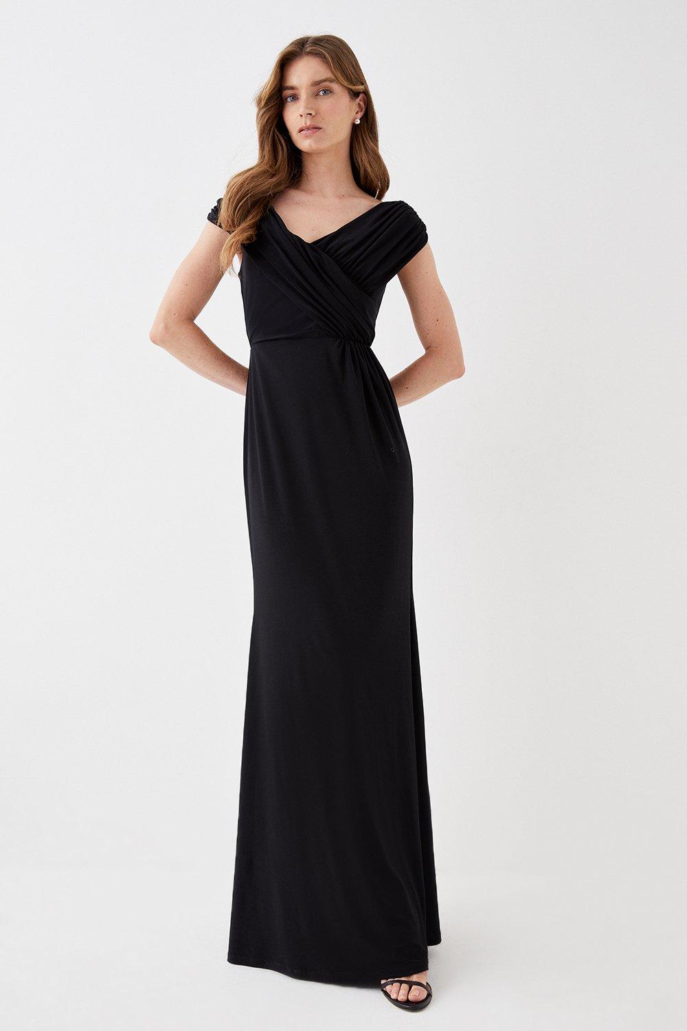 Ruched Bardot Fishtail Slinky Jersey Gown - Black