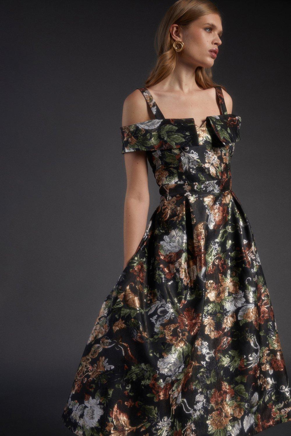 Julie Kuyath Bardot Fold Bodice Full Skirt Jacquard Dress - Black