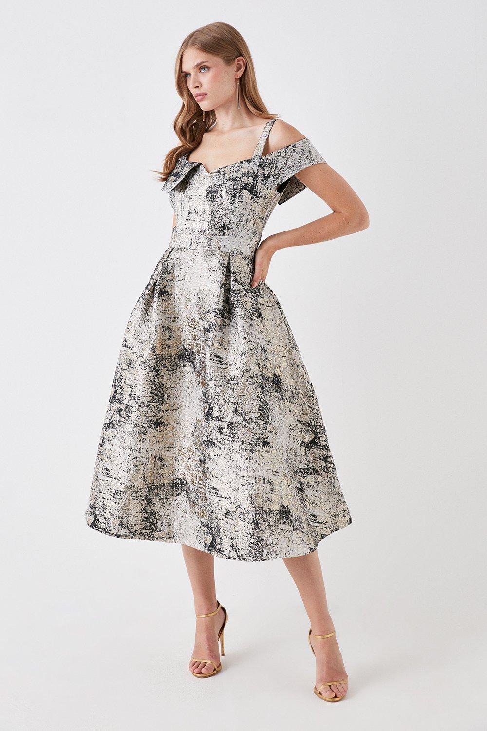 Julie Kuyath Bardot Fold Bodice Full Skirt Jacquard Dress - Silver