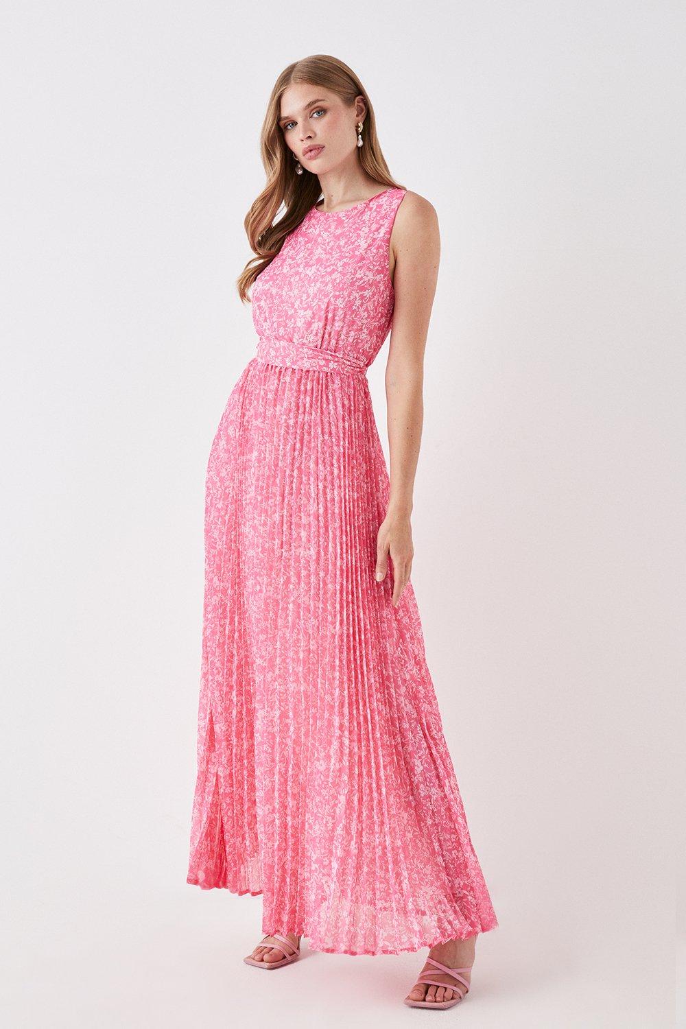 Pleated Skirt Belted Maxi Dress - Pink