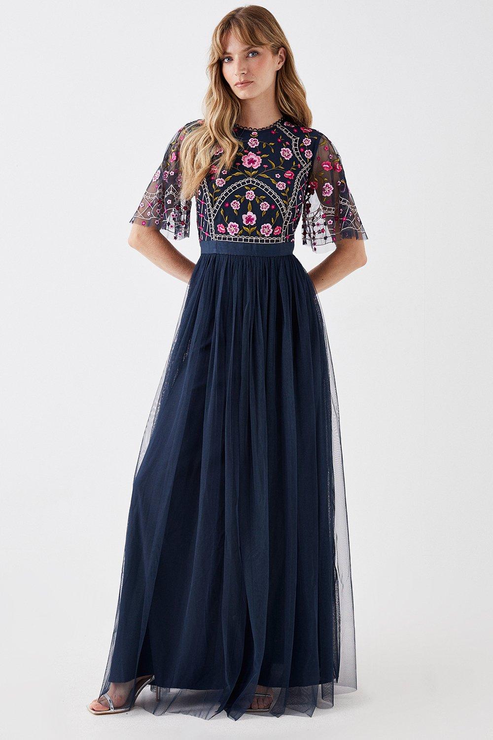 Embroidered Bodice Mesh Skirt Maxi Dress