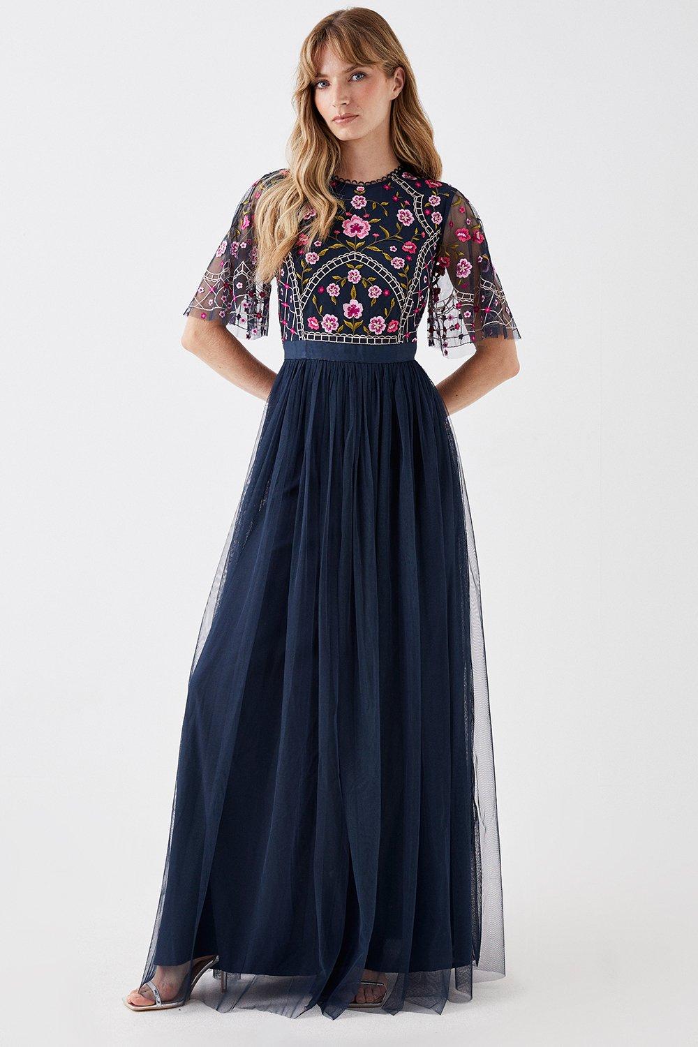 Embroidered Bodice Mesh Skirt Maxi Dress - Navy