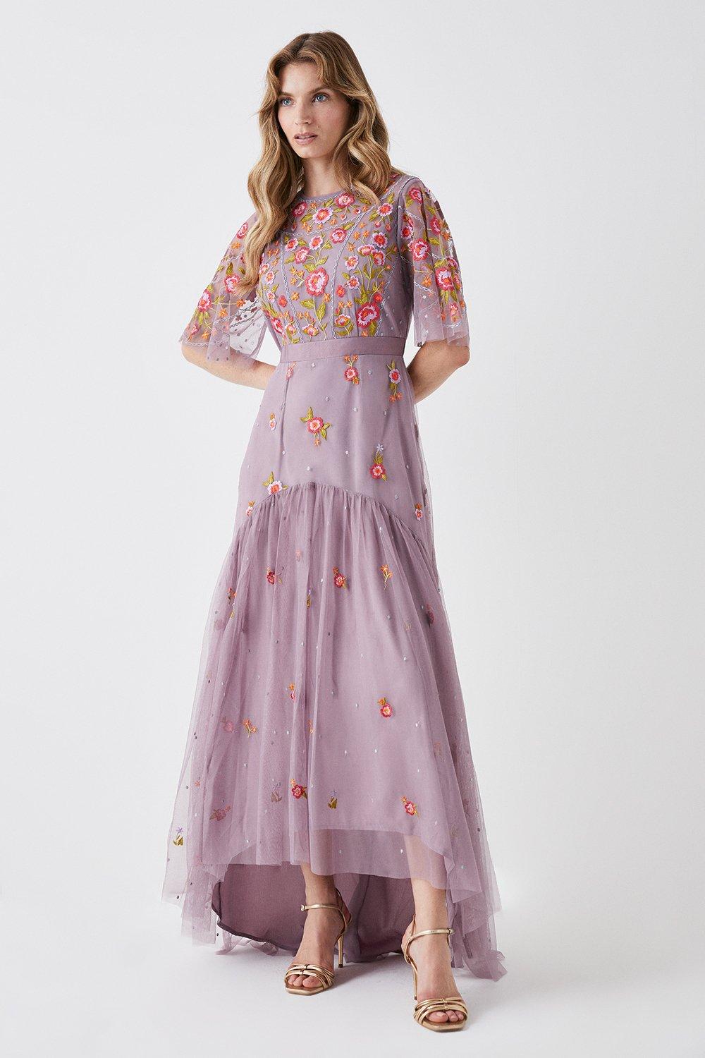 Panelled Skirt Hand Embroidered Maxi Dress - Lilac