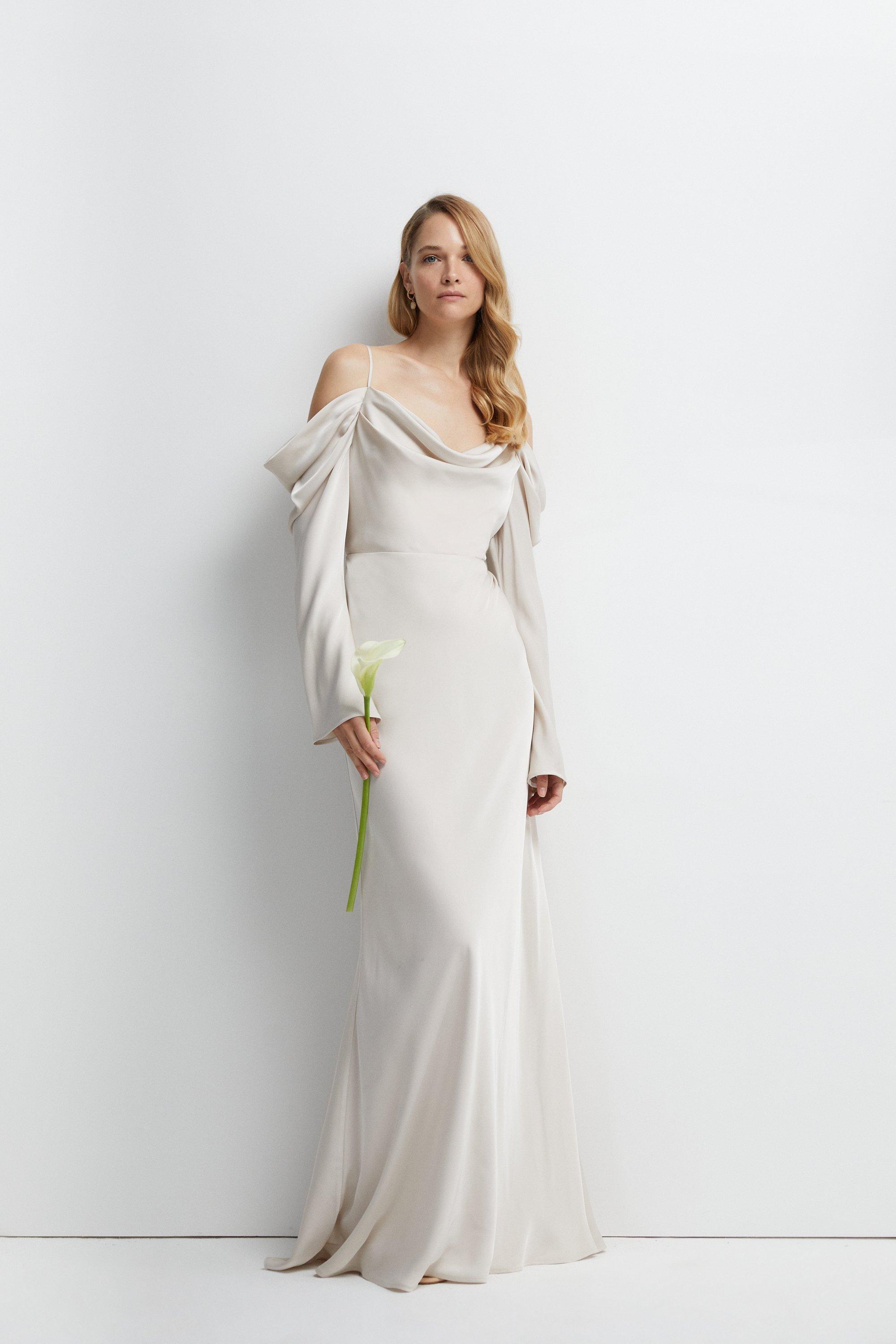 Long Sleeve Cowl Neck Satin Bridesmaids Dress - Champagne