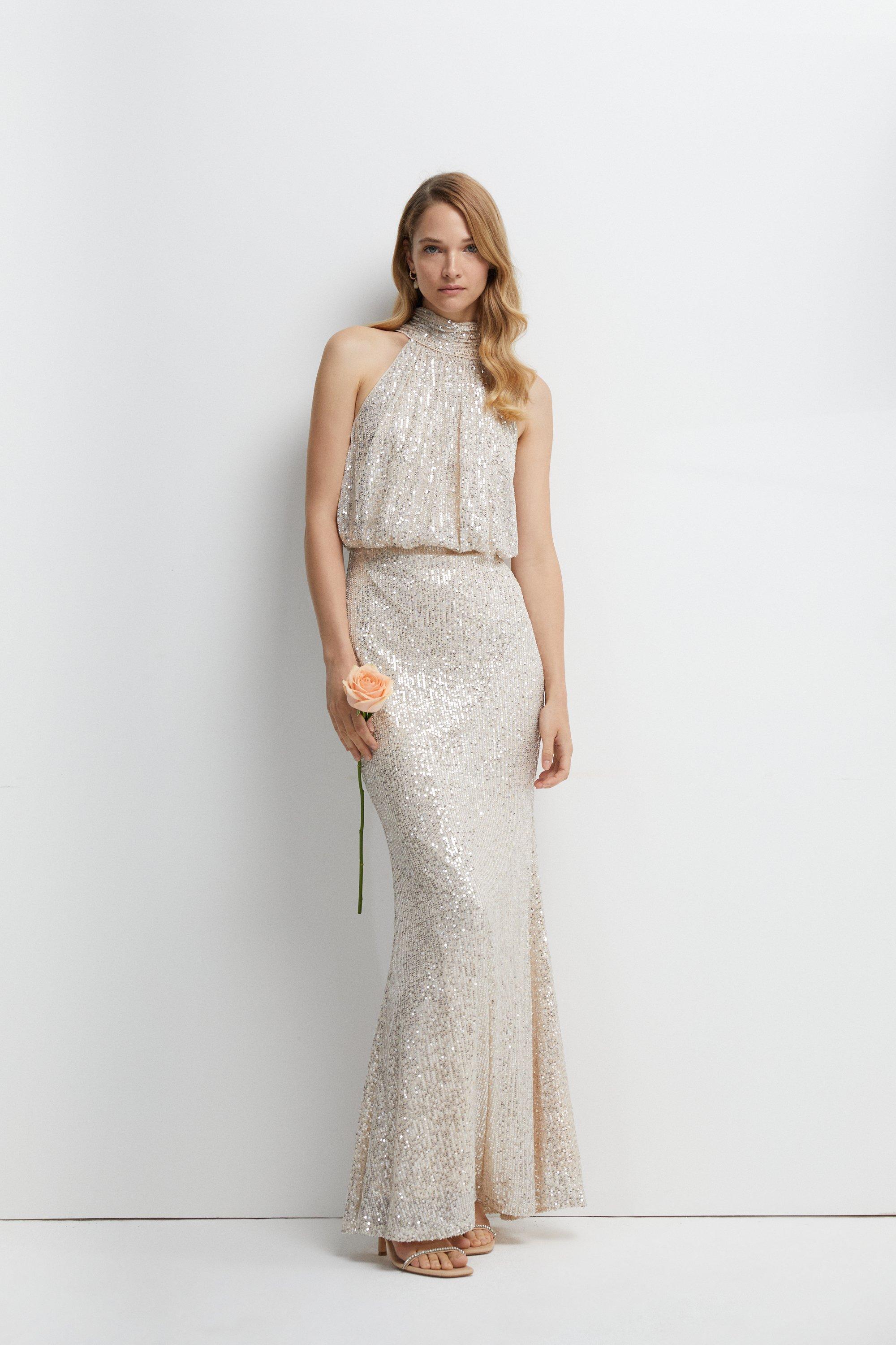 Halterneck Sequin Bridesmaids Maxi Dress - Champagne