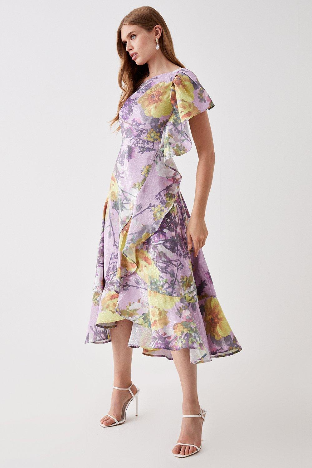 Ruffle Shoulder Metallic Midi Dress - Lilac