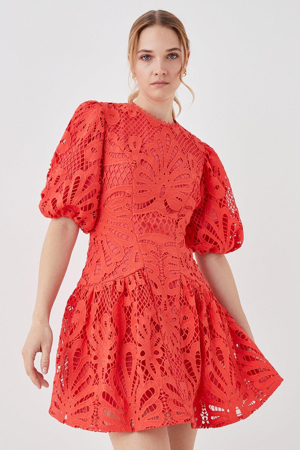 Premium Puff Sleeve Lace Mini Dress - Red
