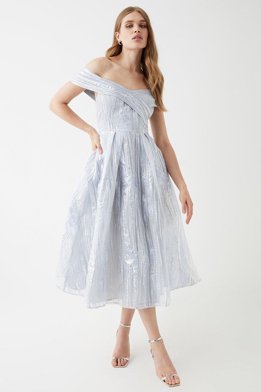 Organza Jacquard Bardot Midi Dress - Silver