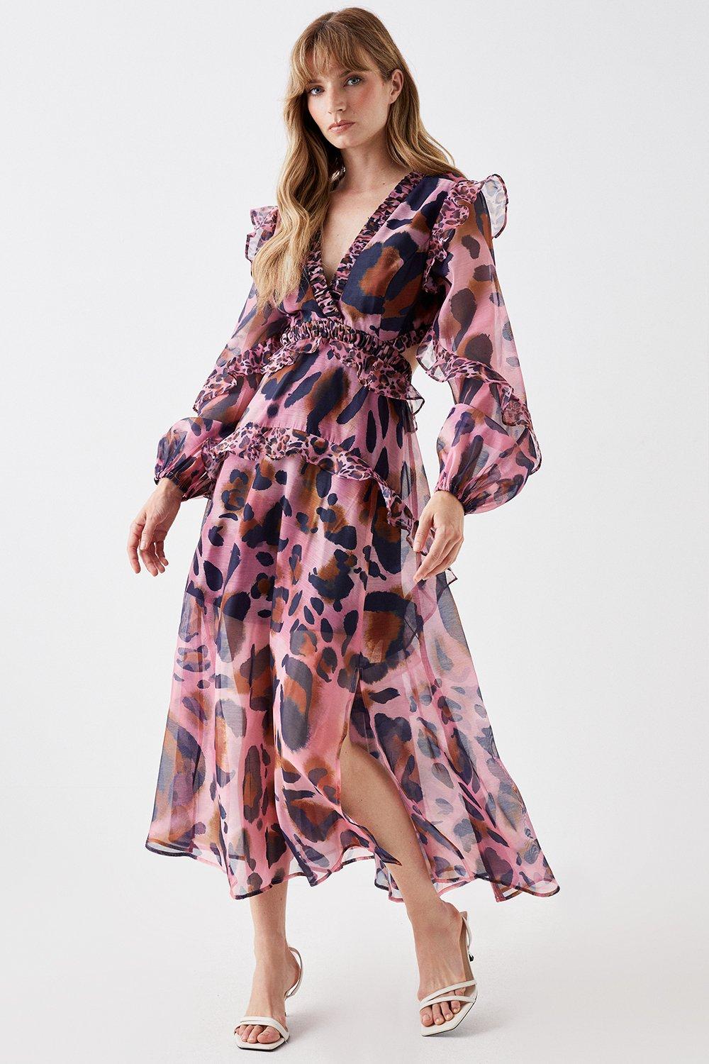 Print Mix Ruffle Long Sleeve Dress - Leopard