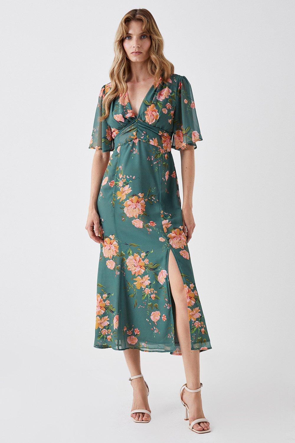 Printed Tie Front Flippy Skirt Midi Dress - Olive