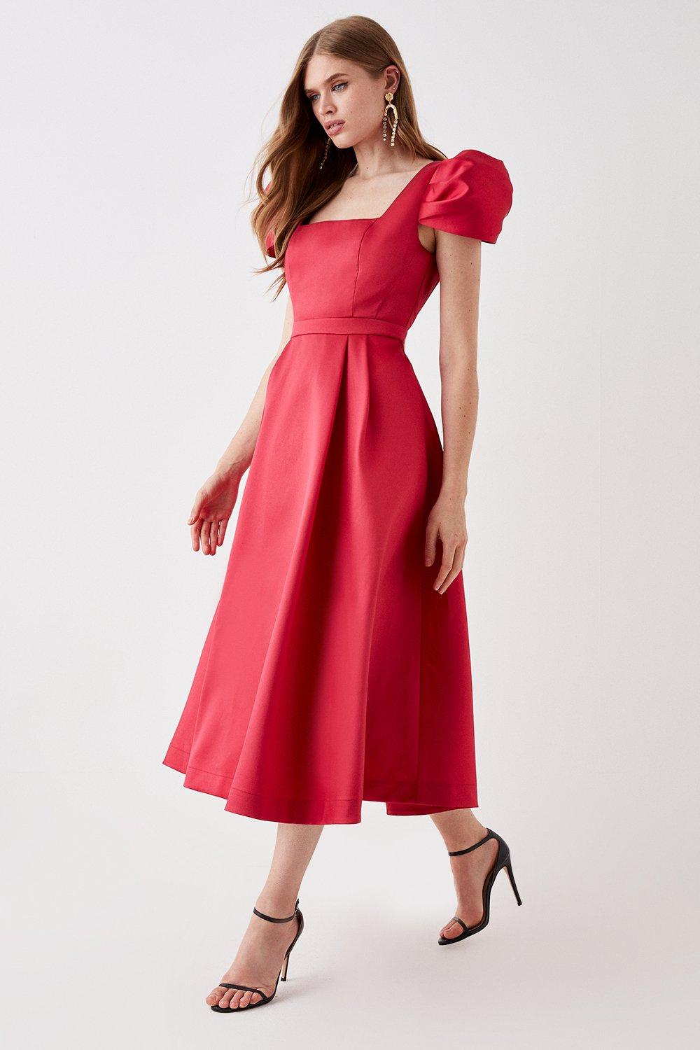 Seamed Bodice Pleated Puff Sleeve Midi Dress - Red
