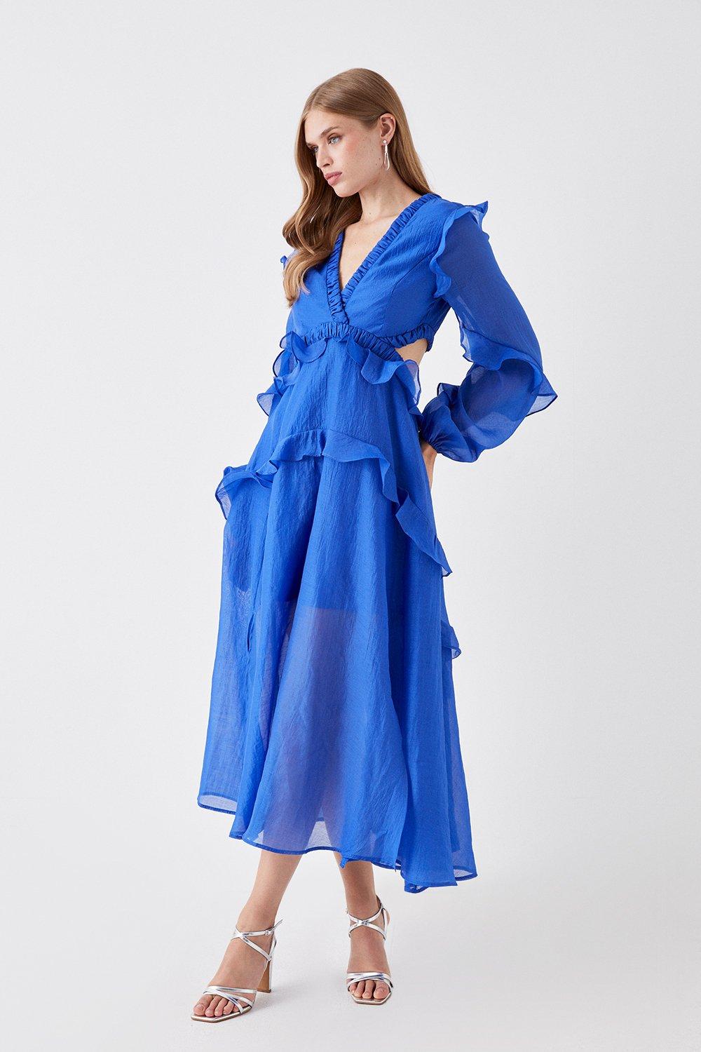 Print Mix Ruffle Long Sleeve Dress - Blue