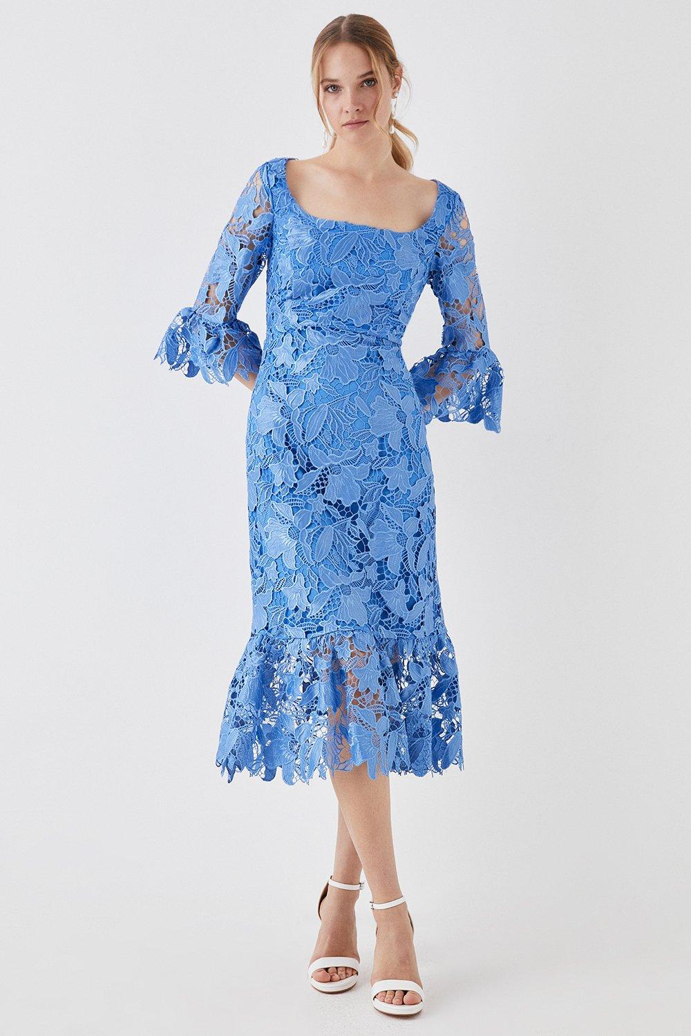 Satin Lace Long Sleeve Midi Dress - Blue