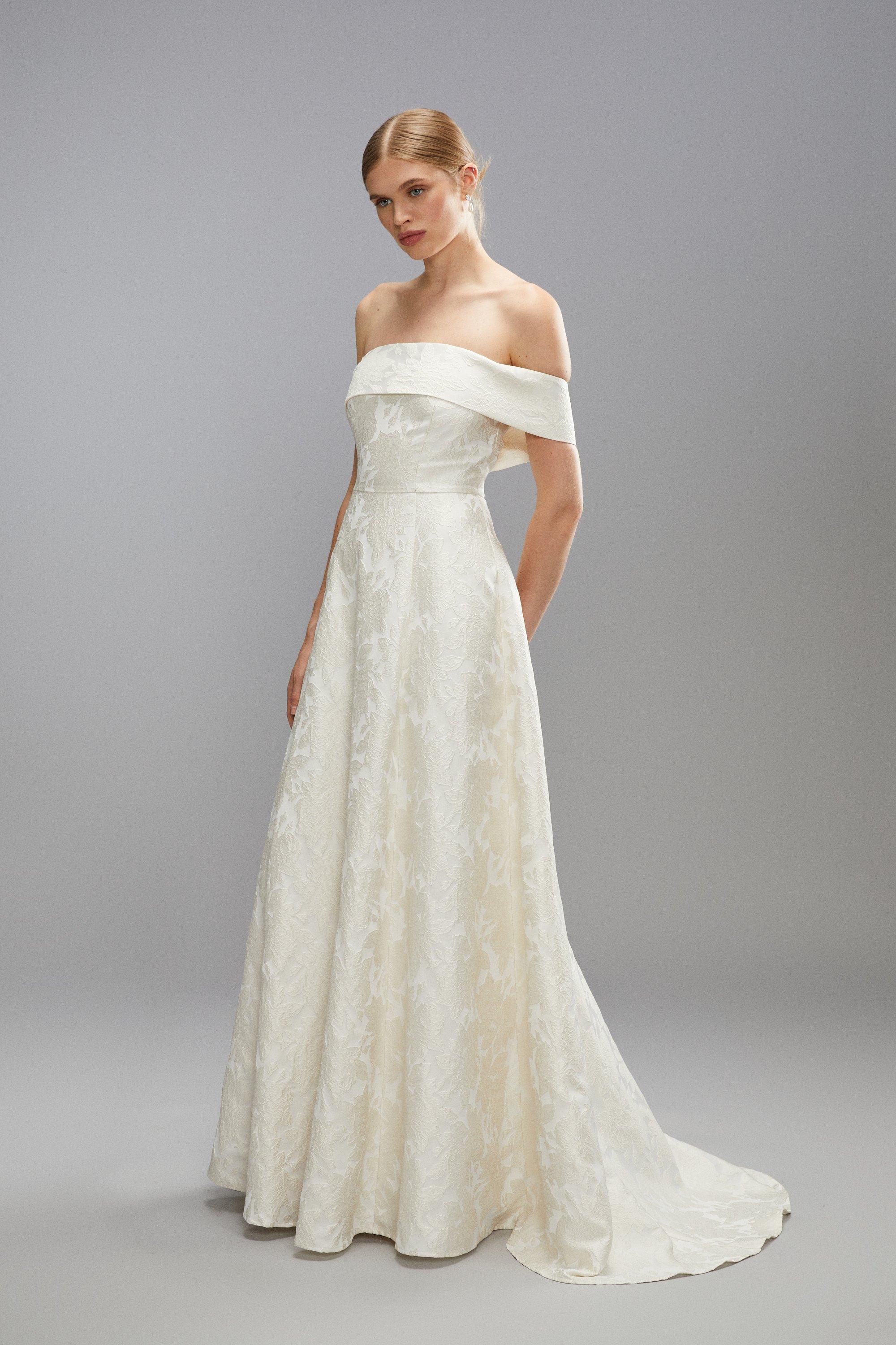 Satin Jacquard A-line Bridal Dress - Ecru