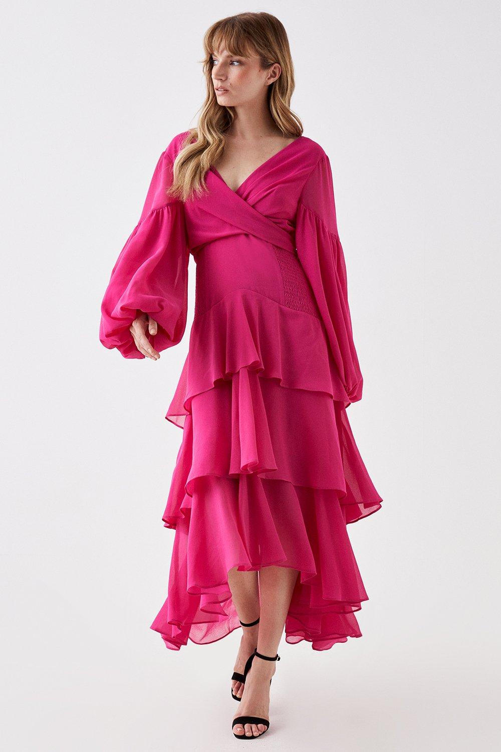 Tiered Wrap Front Midi Dress - Pink