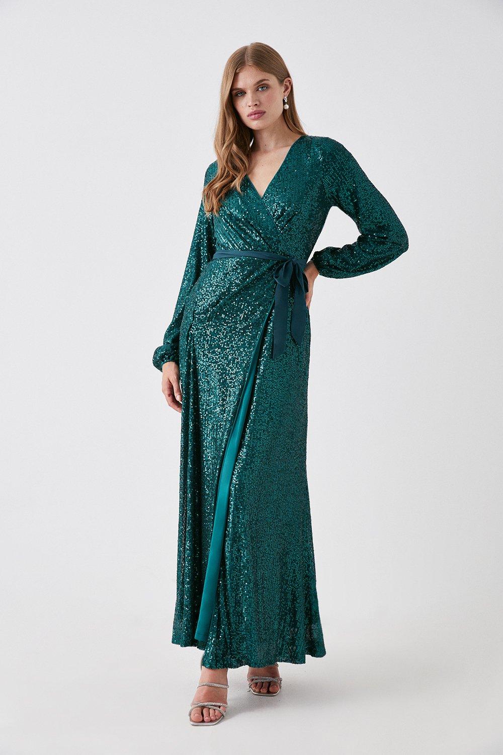 Emerald green wrap over cheap long sleeve bardot maxi dress