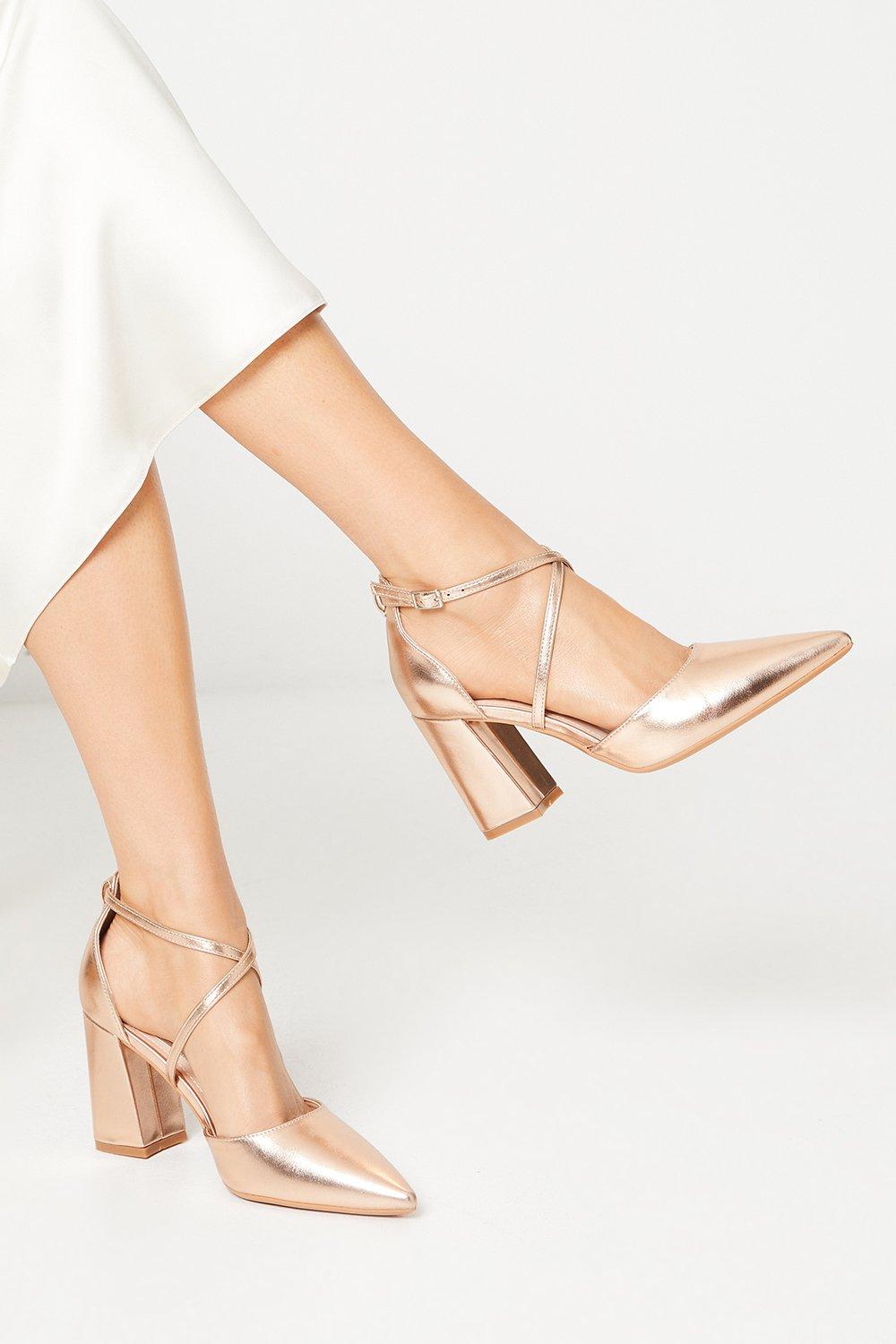 Treat Cross Strap Pointed Block Heel Court Shoes - Champagne
