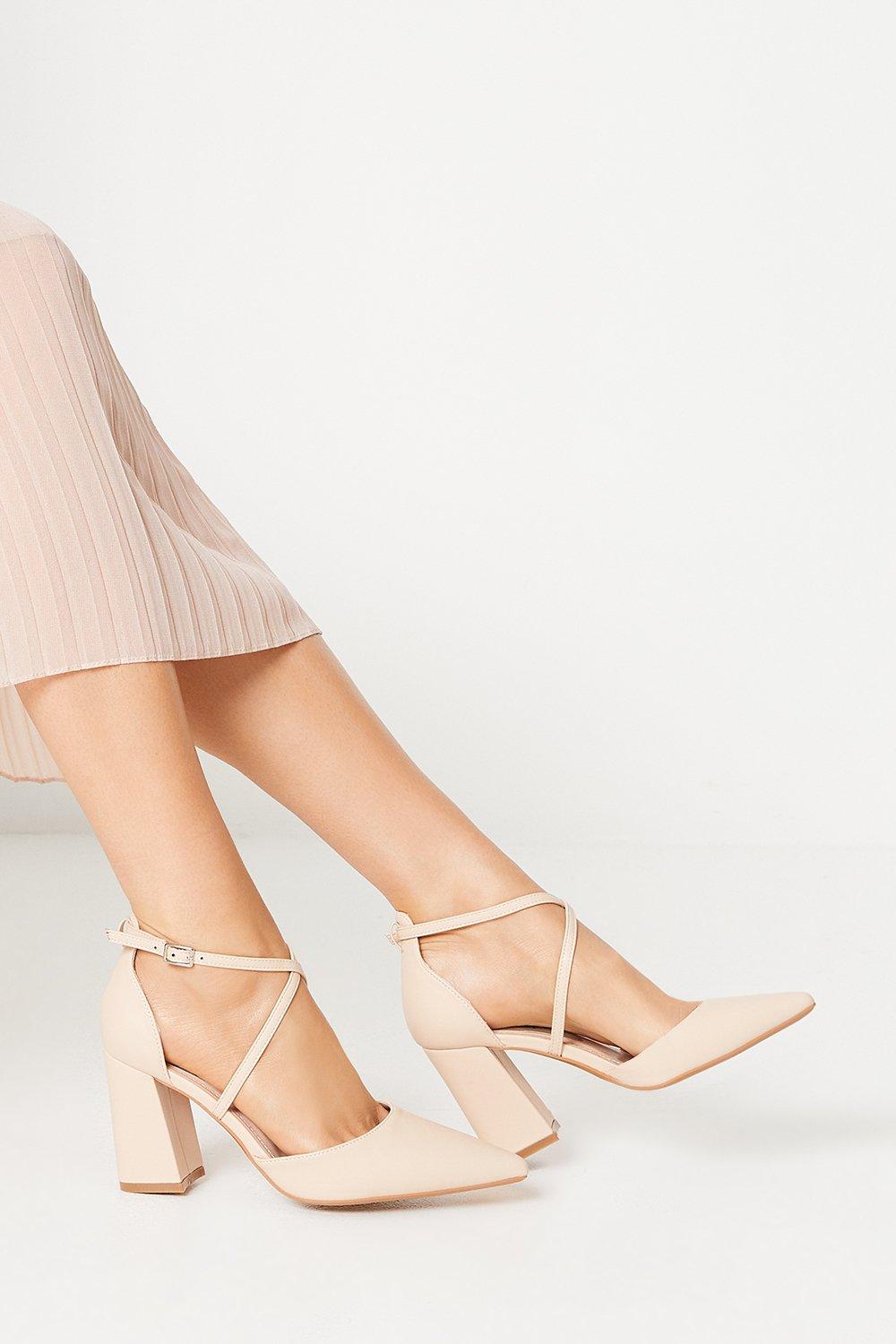 Treat Cross Strap Pointed Block Heel Court Shoes - Nude