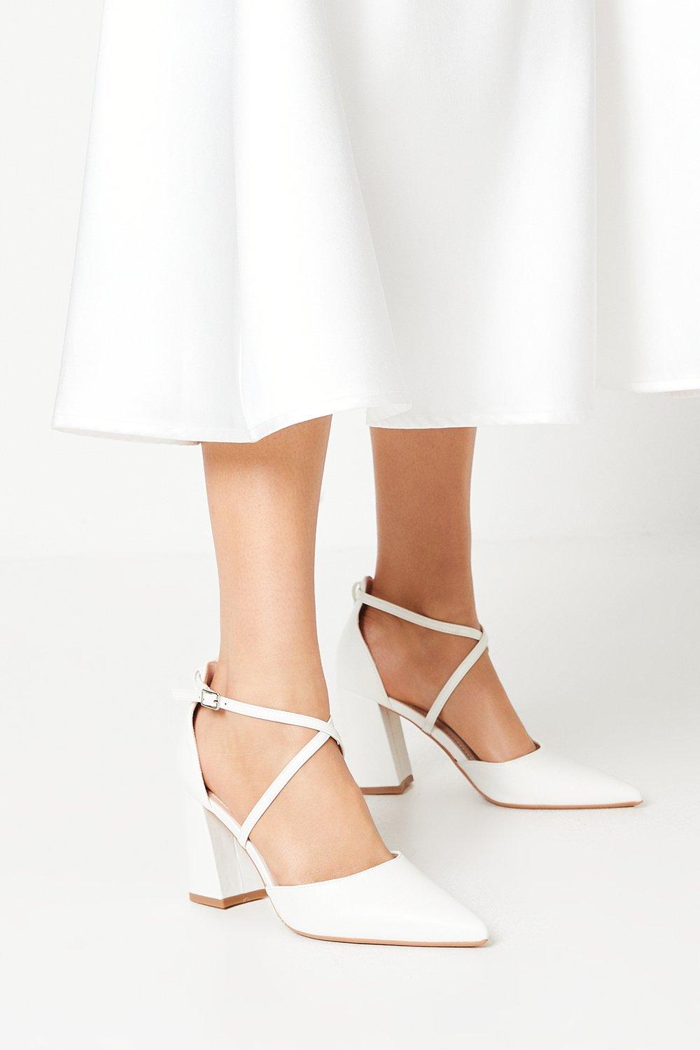 Treat Cross Strap Pointed Block Heel Court Shoes - White