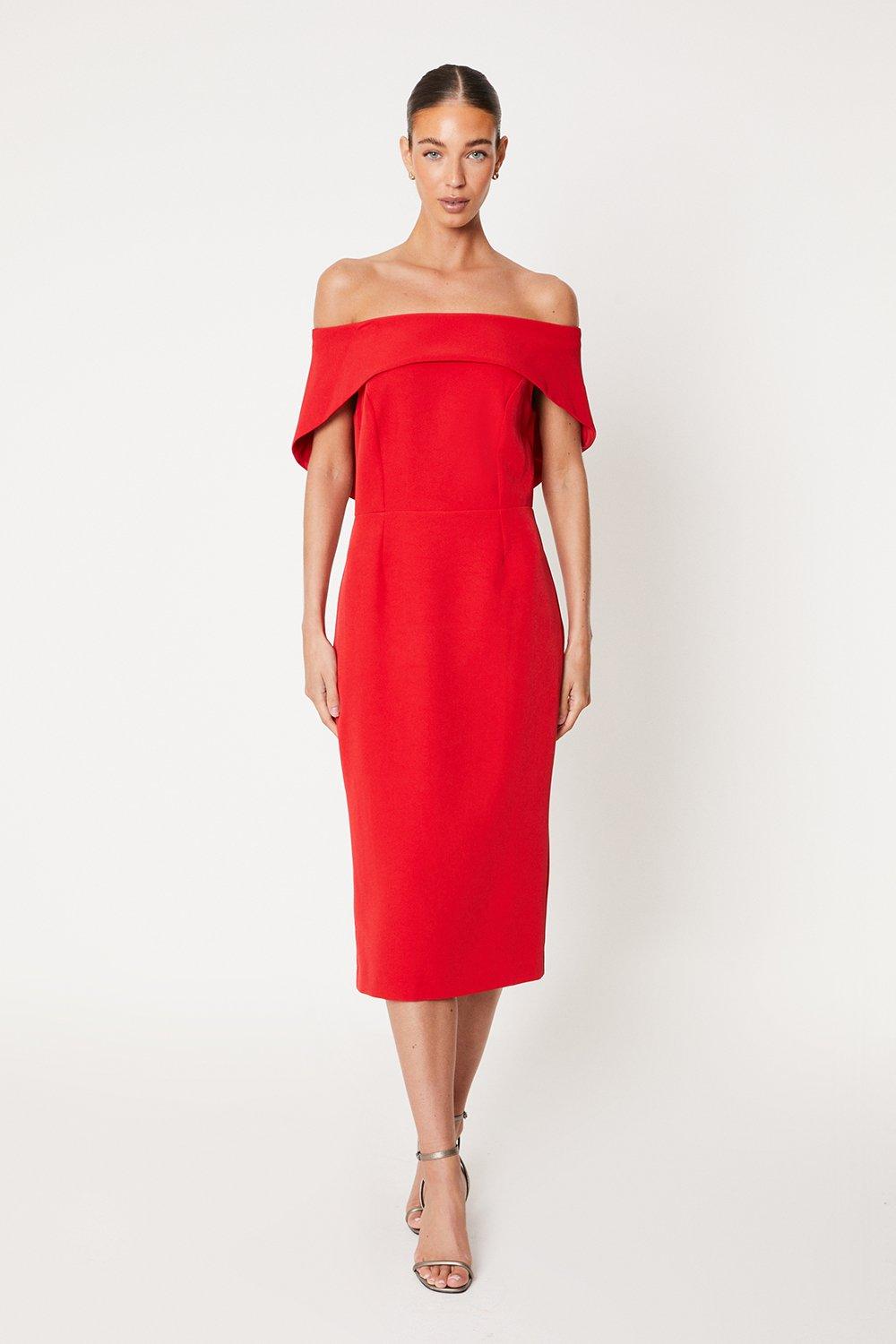 Cape Boat Neck Dress - Red