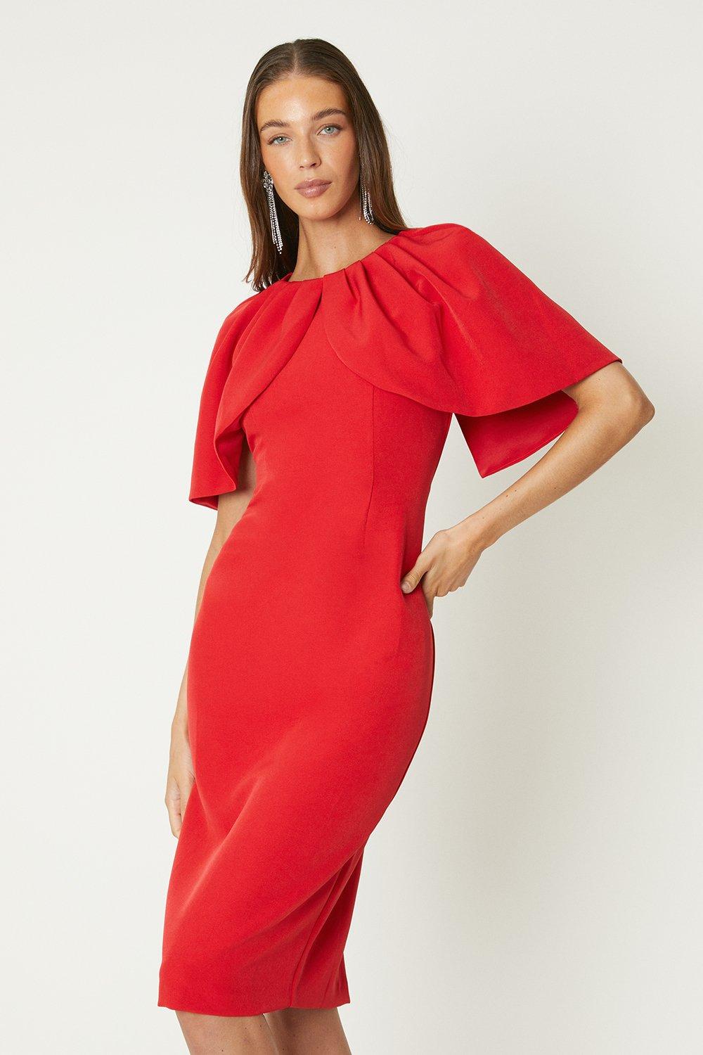 Tulip Sleeve Pencil Dress - Red