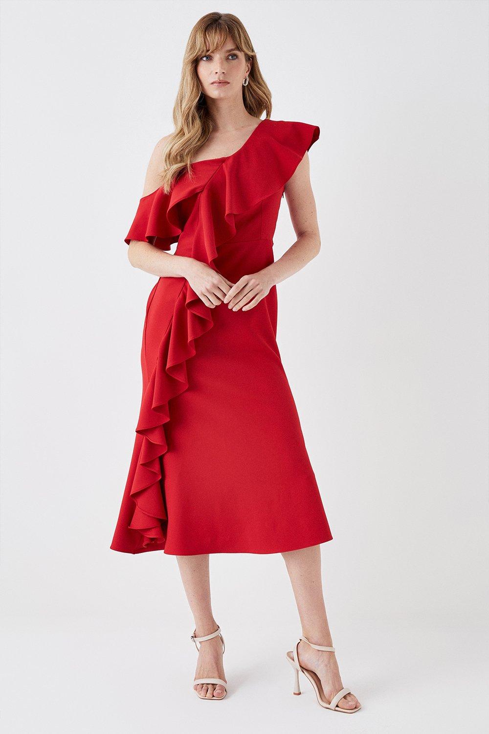 One Shoulder Ruffle Pencil Dress - Red