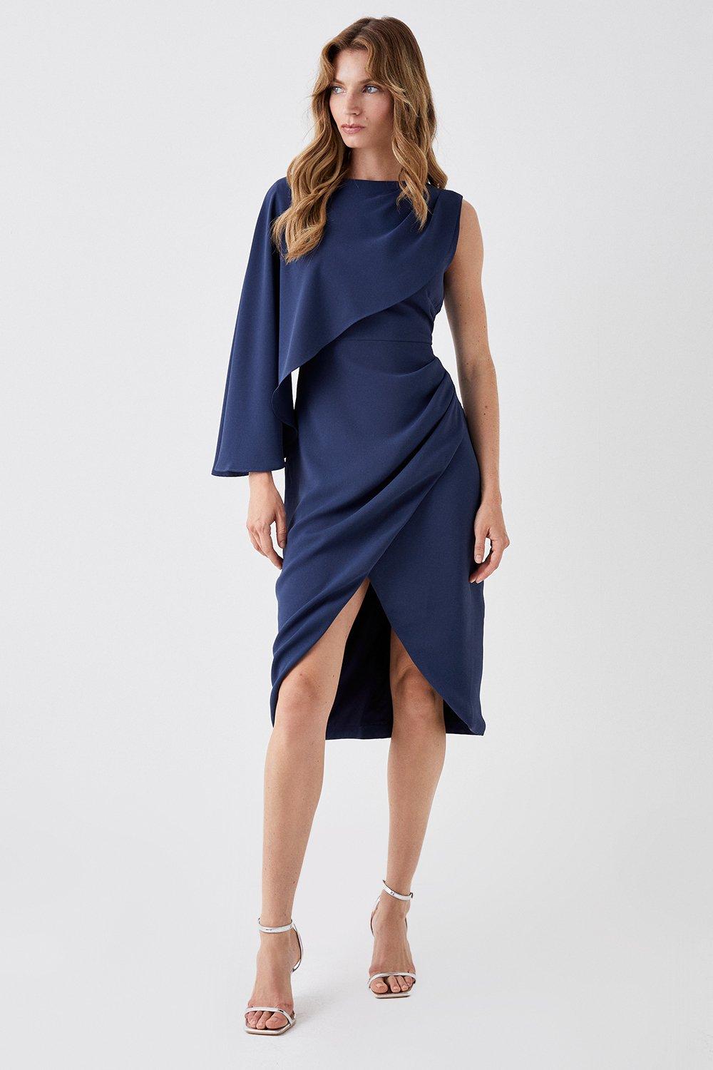 Asymmetric Cape Wrap Skirt Dress - Navy