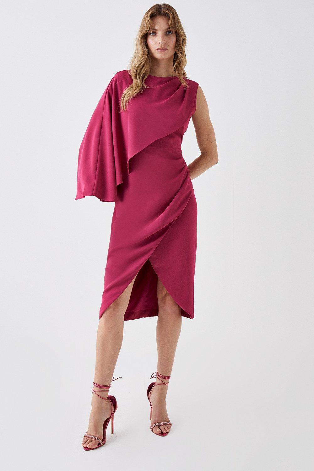 Asymmetric Cape Wrap Skirt Dress - Red